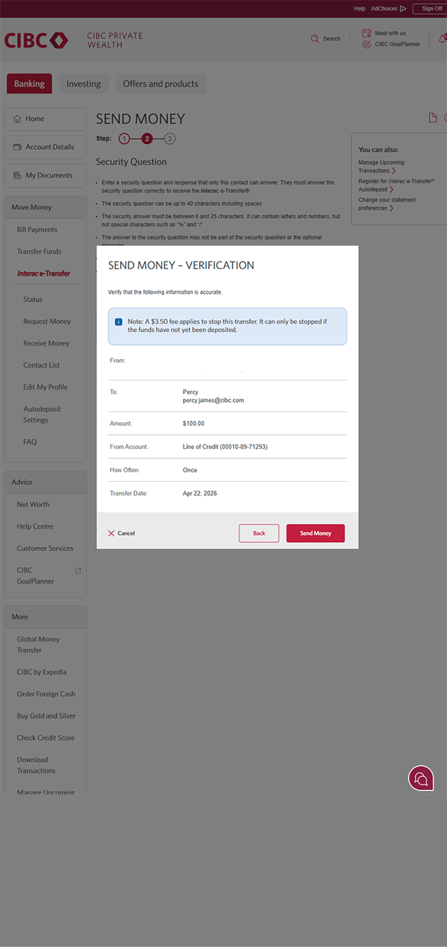 Demo screen 17: CIBC Online Banking send money verification. A pulsing animation highlights the "Send Money" button.