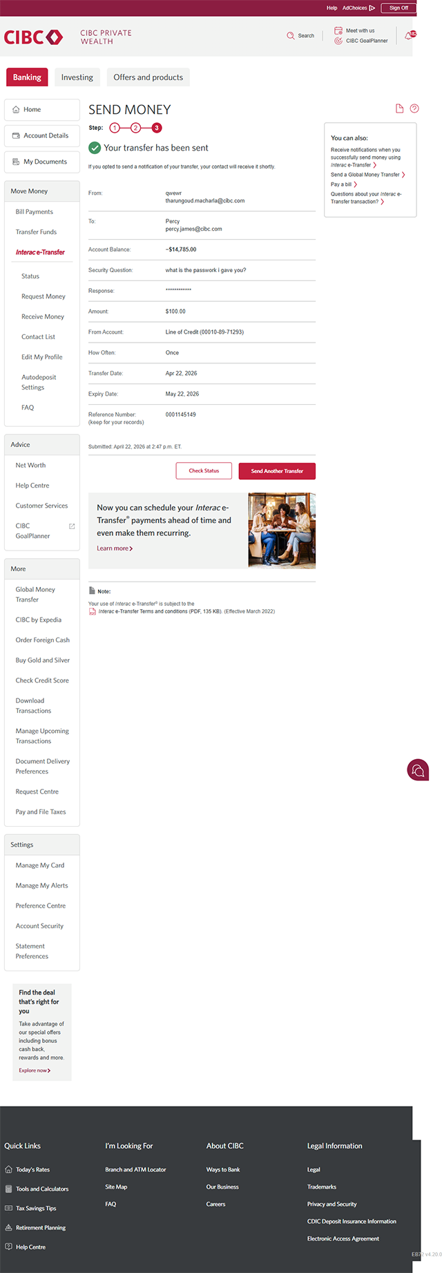 Demo screen 18: CIBC Online Banking send money step 3. No pulsing animation.