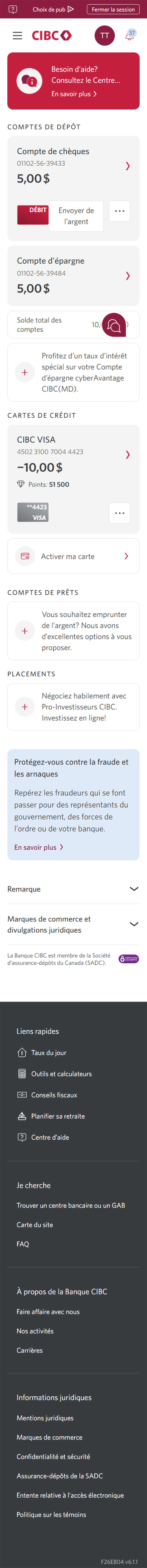 Écran 2 de la démonstration : Page d’accueil de Services bancaires CIBC en direct. Une animation dynamique met en évidence le menu Plus d’options.
