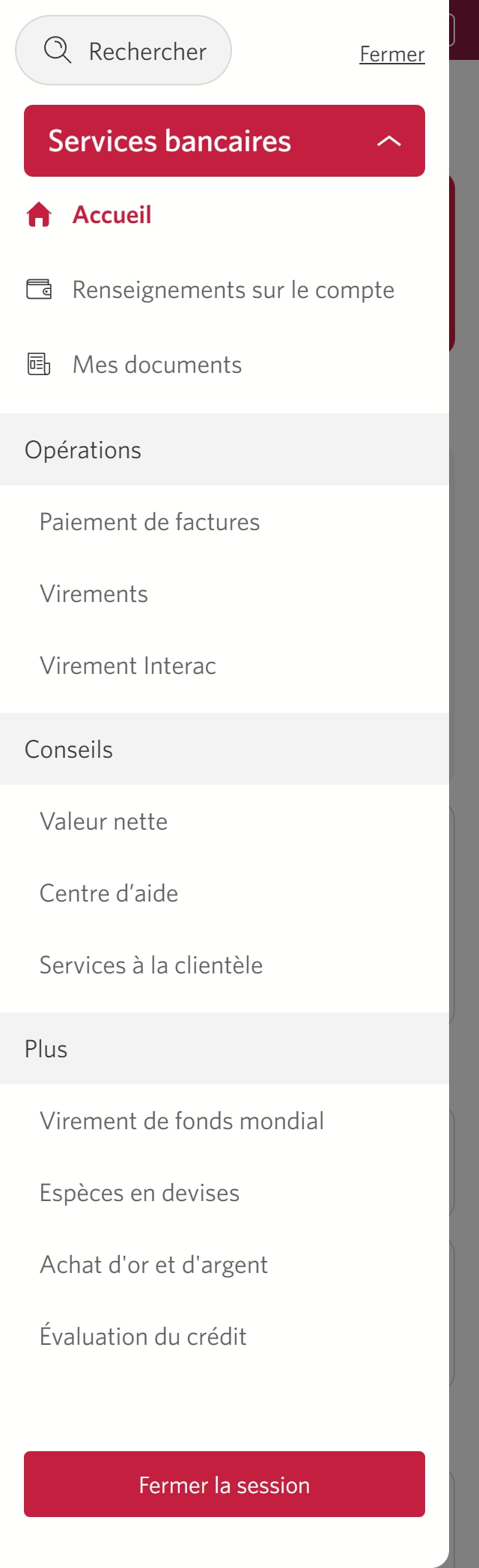 Écran 3 de la démonstration : Barre latérale de navigation de Services bancaires CIBC en direct. Une animation en pulsation met en évidence le lien vers le service Virement Interac.