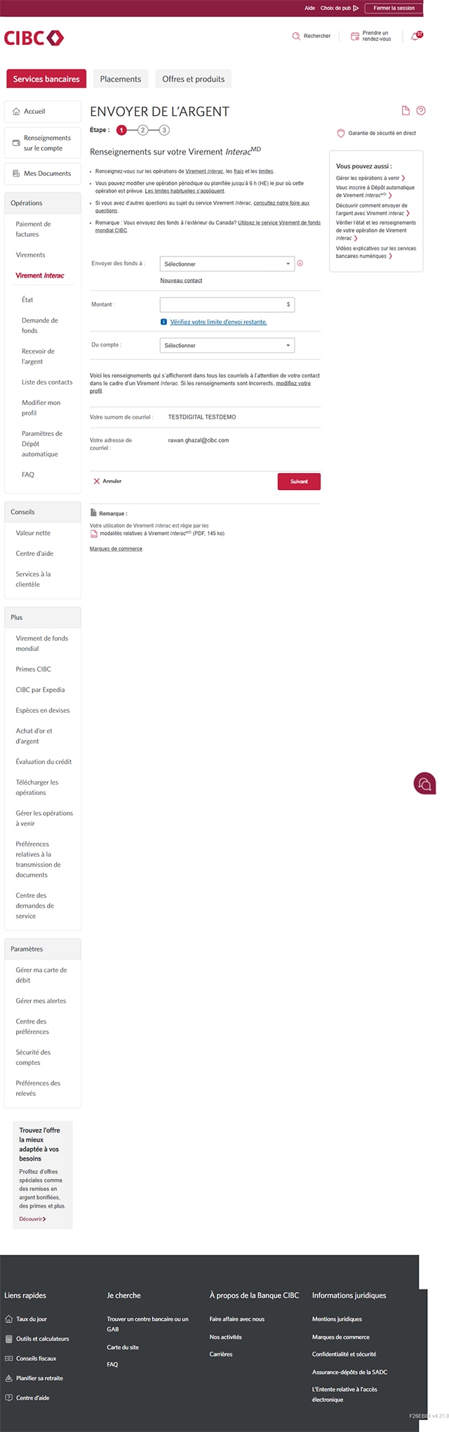 Écran 4 de la démonstration : Services bancaires CIBC en direct, envoyer des fonds, étape 1. Une animation dynamique met en évidence le lien Nouveau contact.