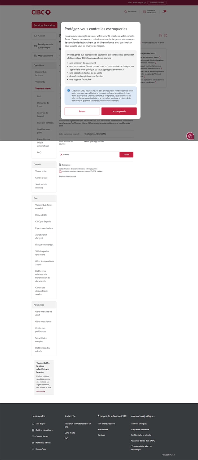 Écran 5 de la démonstration : Fenêtre modale Services bancaires CIBC en direct vous protège contre les arnaques. Une animation dynamique met en évidence le bouton Je comprends.