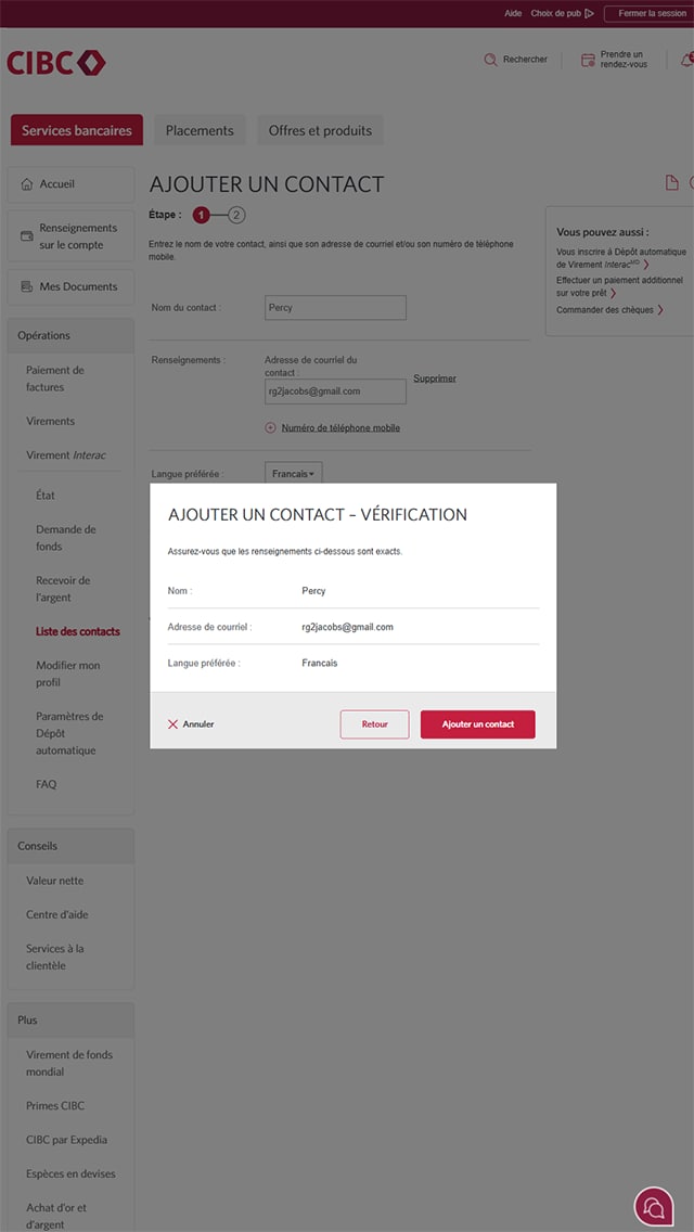 Écran 9 de la démonstration : Services bancaires CIBC en direct, ajouter un destinataire, étape 1. Une animation dynamique met en évidence le bouton Ajouter un contact.