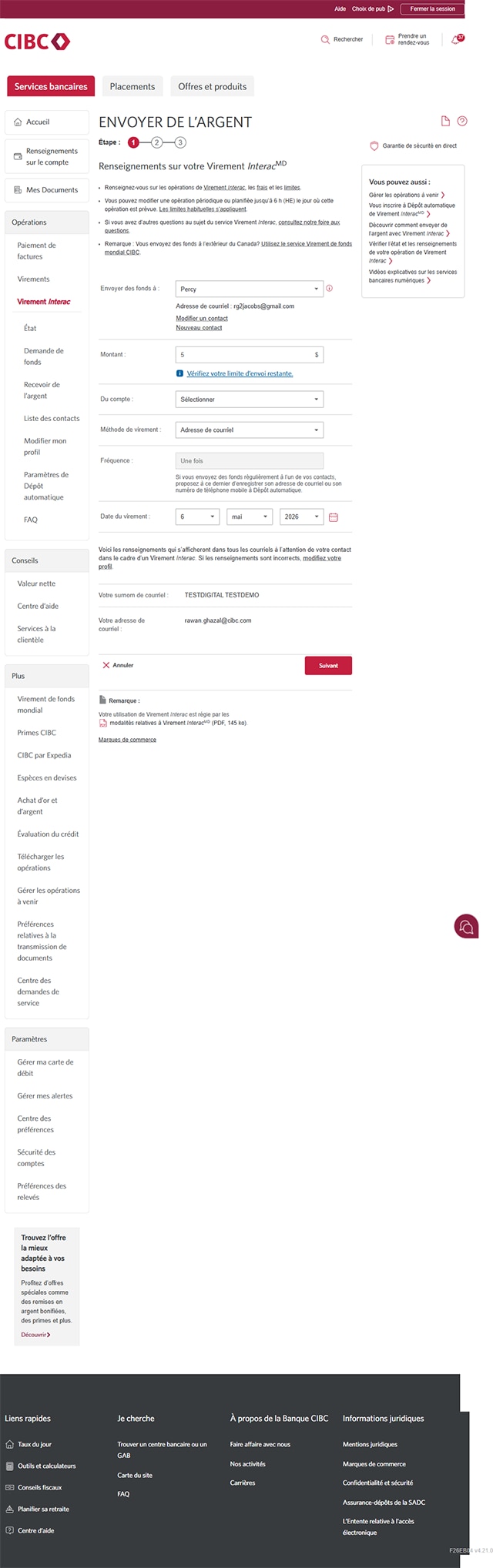 Écran 11 de la démonstration : Services bancaires CIBC en direct, envoyer des fonds, étape 1. Une animation dynamique met en évidence la zone de liste déroulante « Envoyer des fonds à ».