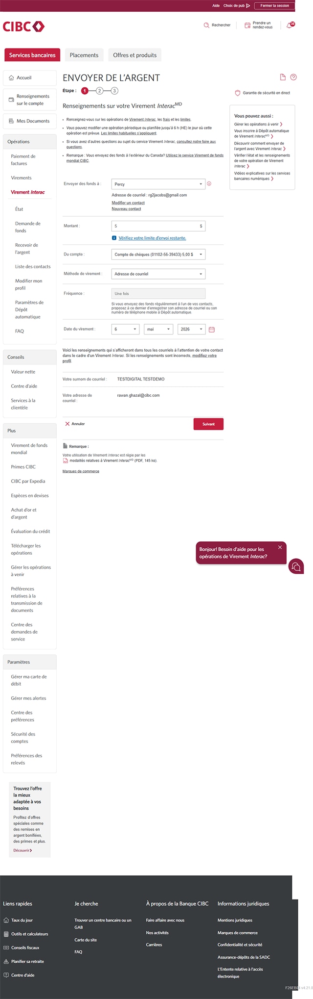 Écran 12 de la démonstration : Services bancaires CIBC en direct, envoyer des fonds, étape 1. Une animation dynamique met en évidence le champ Montant.