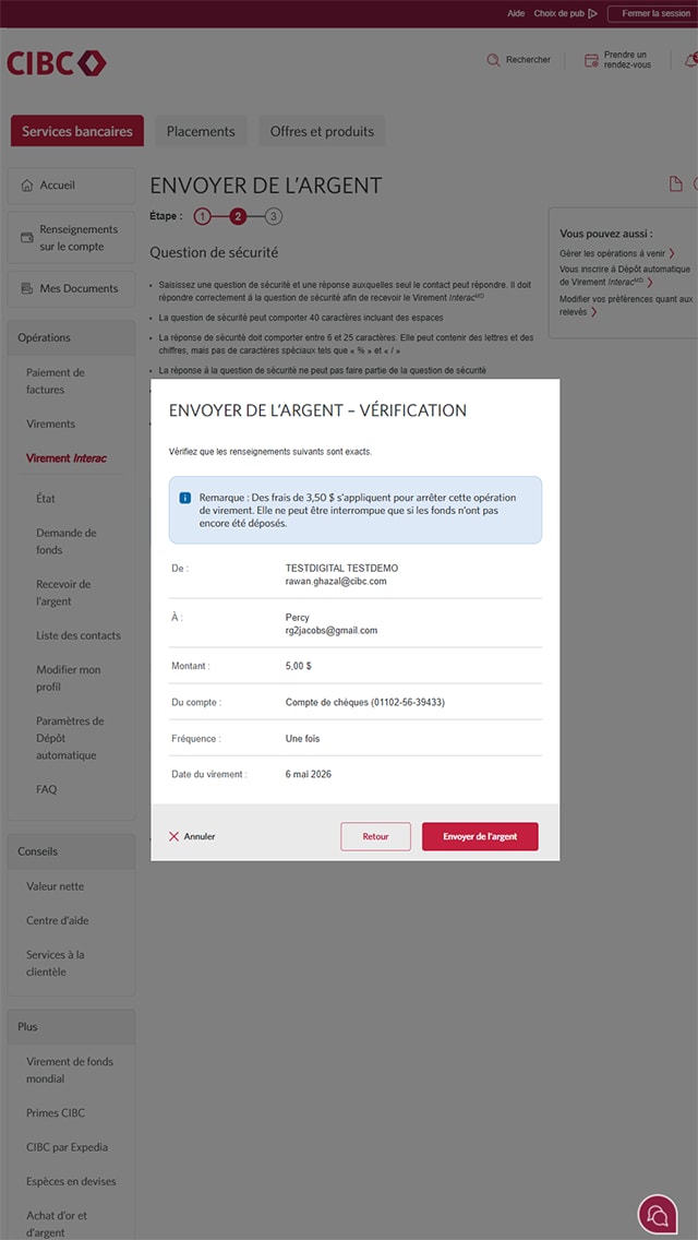 Écran 16 de la démonstration : Services bancaires CIBC en direct, vérification des fonds envoyés. Une animation dynamique met en évidence le bouton Envoyer de l'argent.