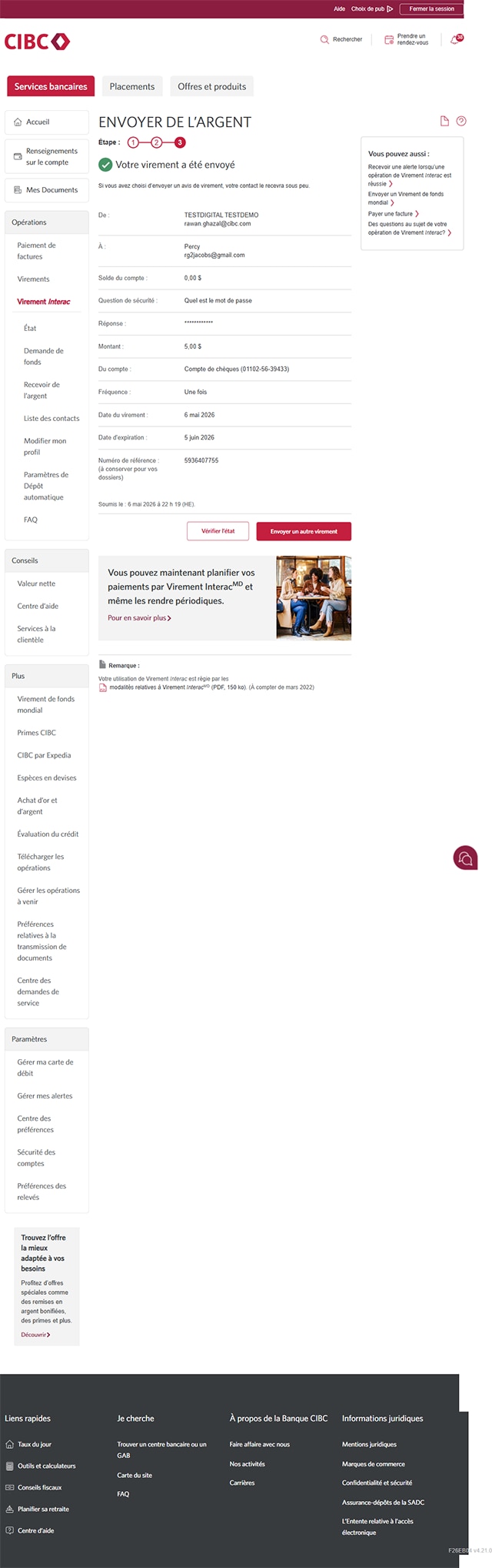 Écran 17 de la démonstration : Services bancaires CIBC en direct, envoyer des fonds, étape 3. Aucune animation dynamique.