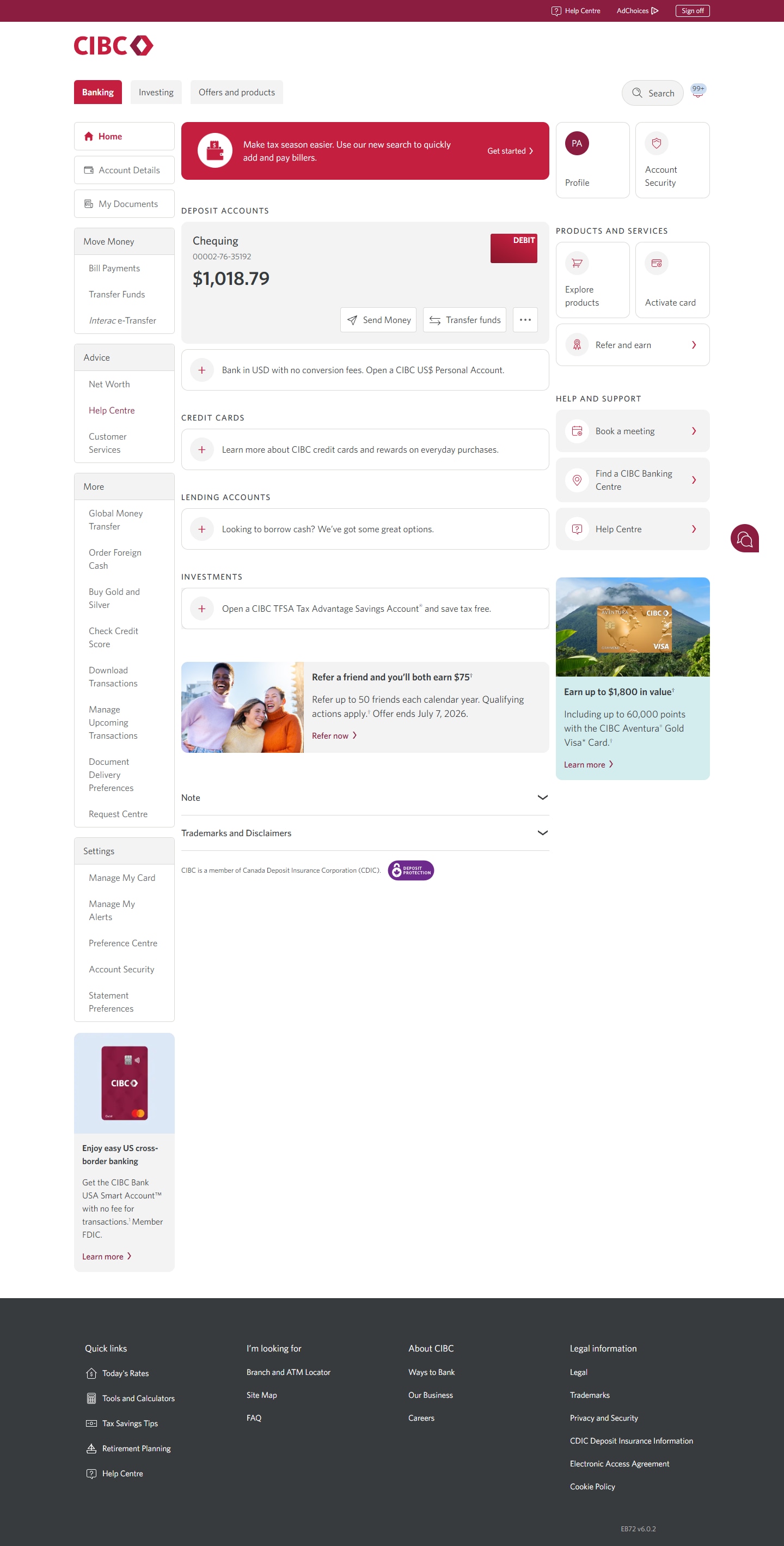 Demo screen 2: CIBC Online Banking home page. A pulsing animation highlights the "Global Money Transfer" link.