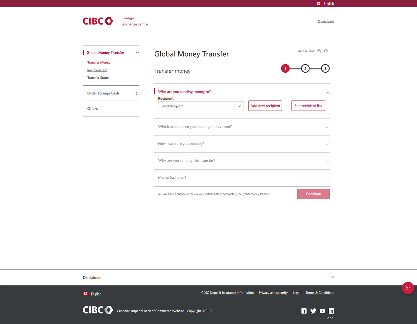 Demo screen 4: CIBC Global Money Transfer. A pulsing animation highlights the "Add new recipient" button.
