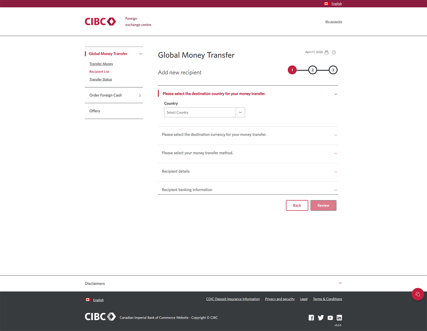 Demo screen 5: CIBC Global Money Transfer step 1. A pulsing animation highlights the "Country" combo box