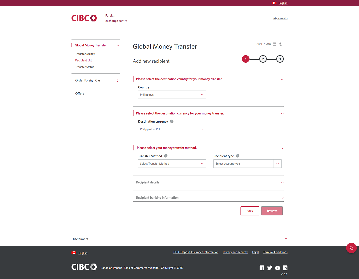 Demo screen 6: CIBC Global Money Transfer step 1. A pulsing animation highlights the "Destination currency" combo box