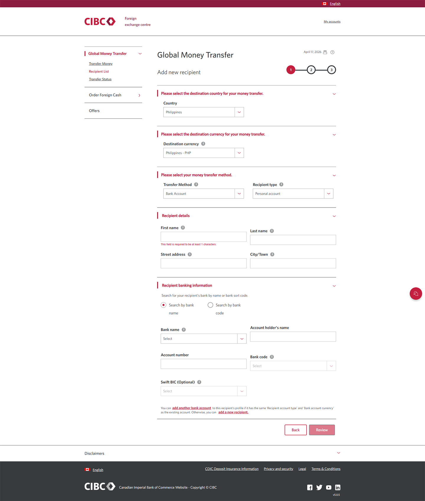 Demo screen 7: CIBC Global Money Transfer step 1. A pulsing animation highlights the "Transfer method" combo box.