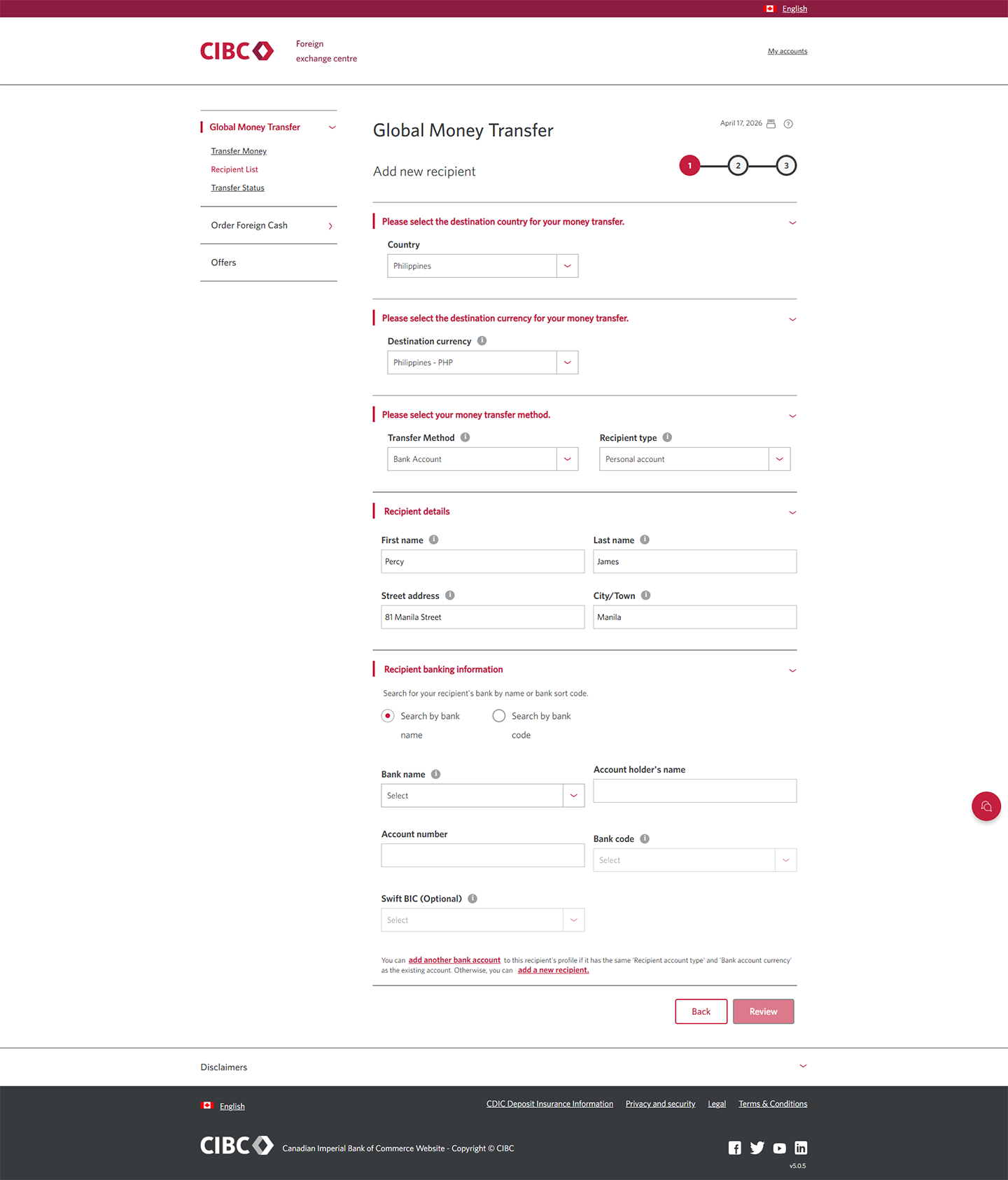 Demo screen 8: CIBC Global Money Transfer step 1. A pulsing animation highlights the "First name" field, under recipient details. 