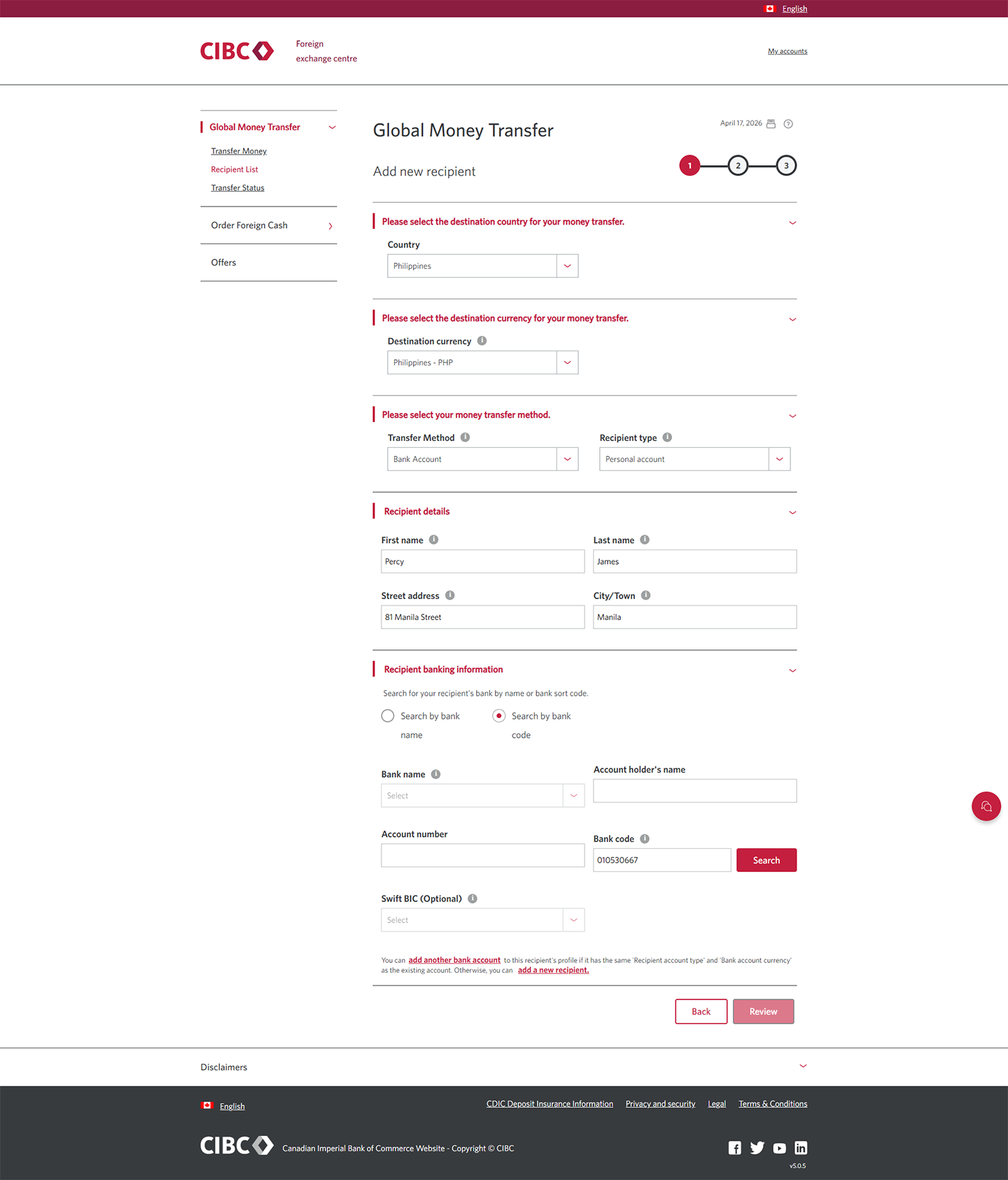 Demo screen 9: CIBC Global Money Transfer step 1. A pulsing animation highlights the "Search by bank code" radio button.
