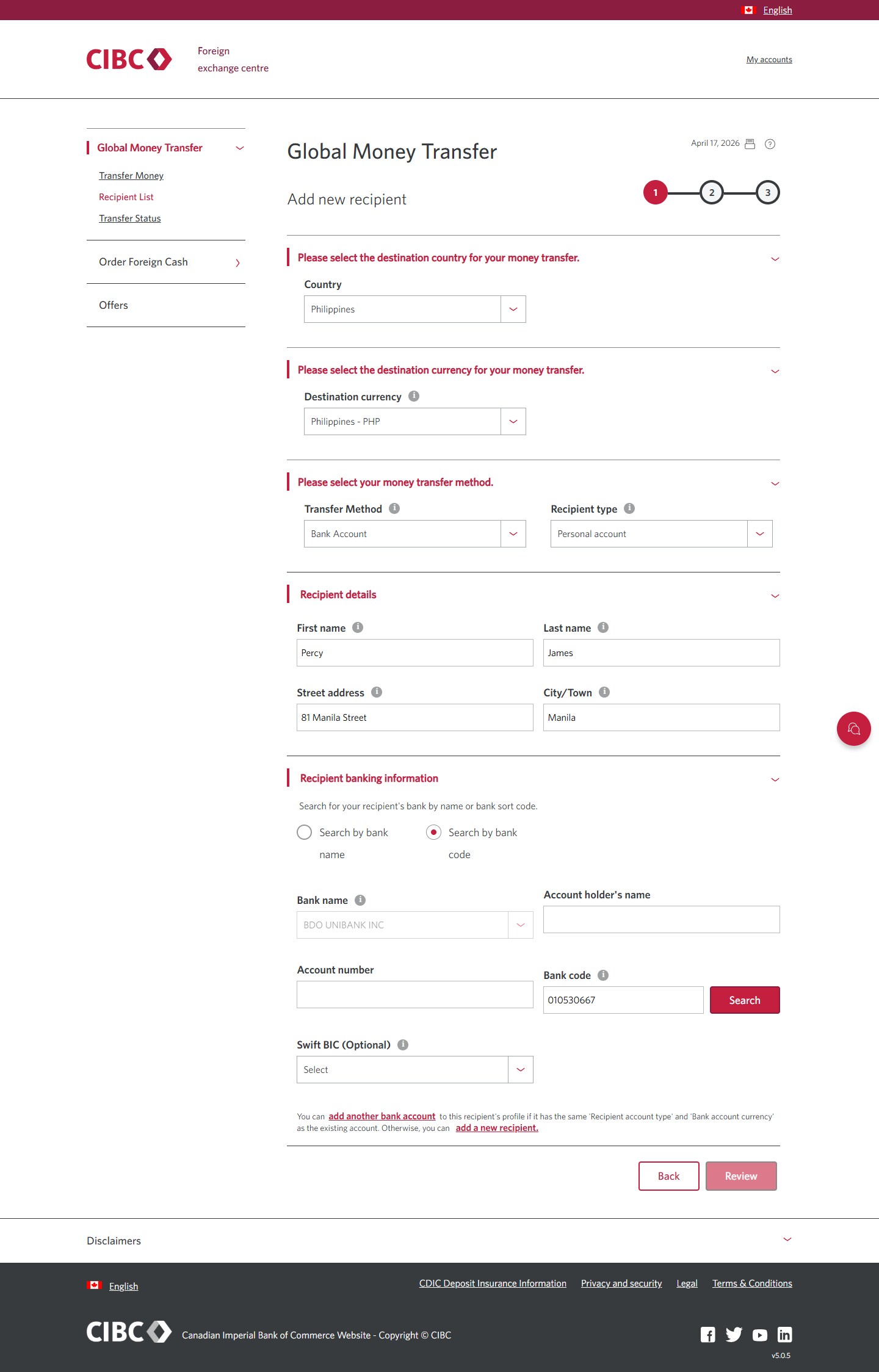 Demo screen 10: CIBC Global Money Transfer step 1. A pulsing animation highlights the "Search" button. 
