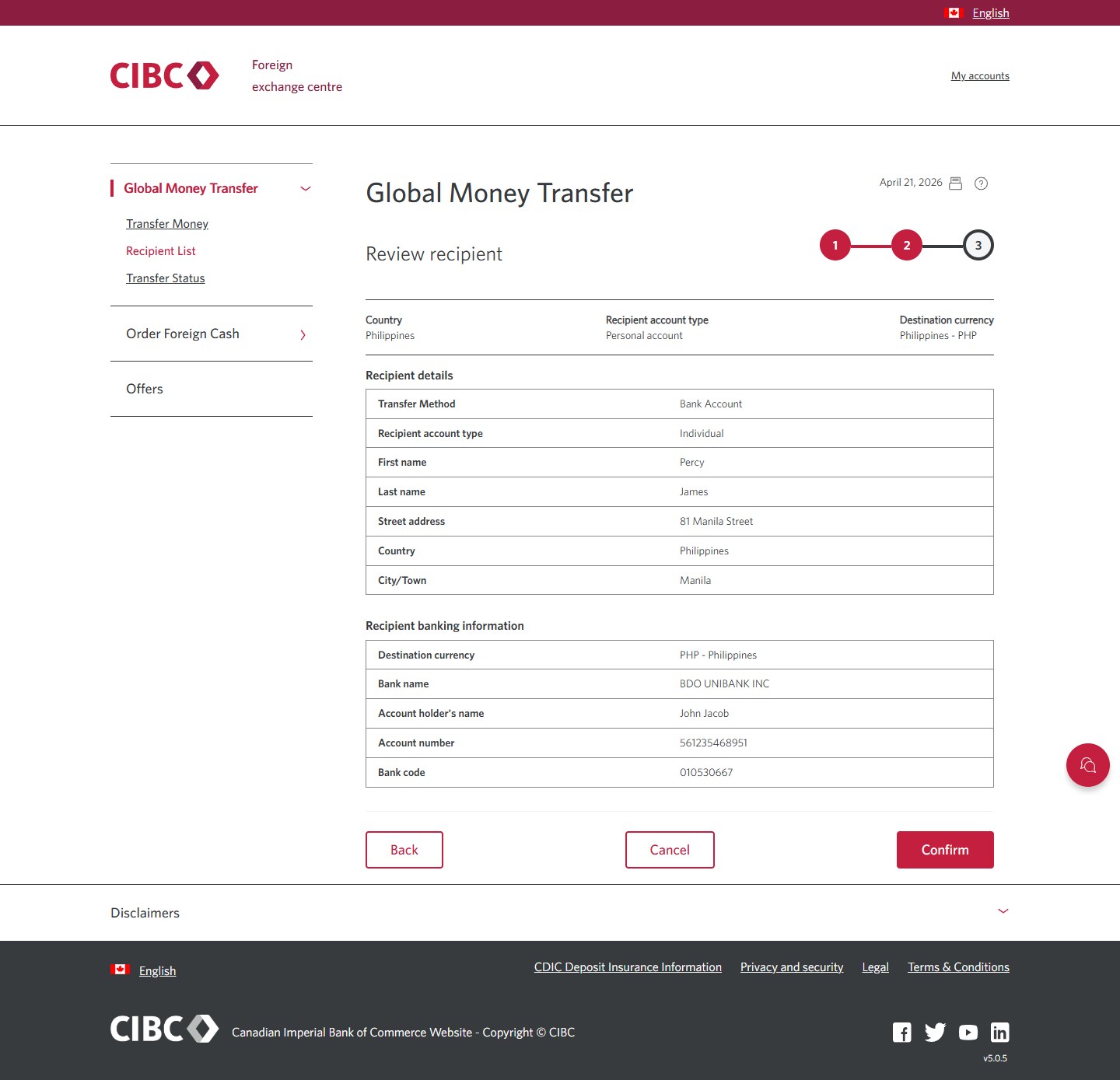 Demo screen 12: CIBC Global Money Transfer step 2. A pulsing animation highlights the "Confirm" button. 