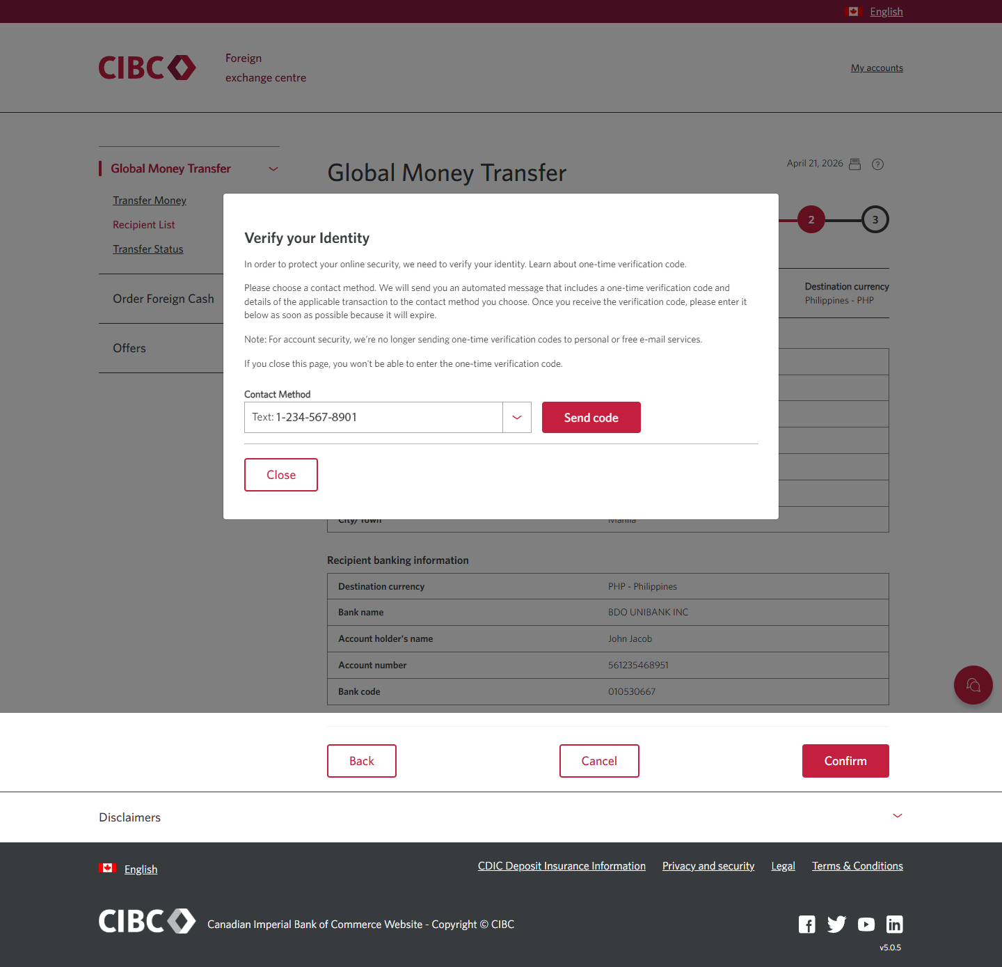 Demo screen 13: CIBC Global Money Transfer step 2. A pulsing animation highlights the send code button. 