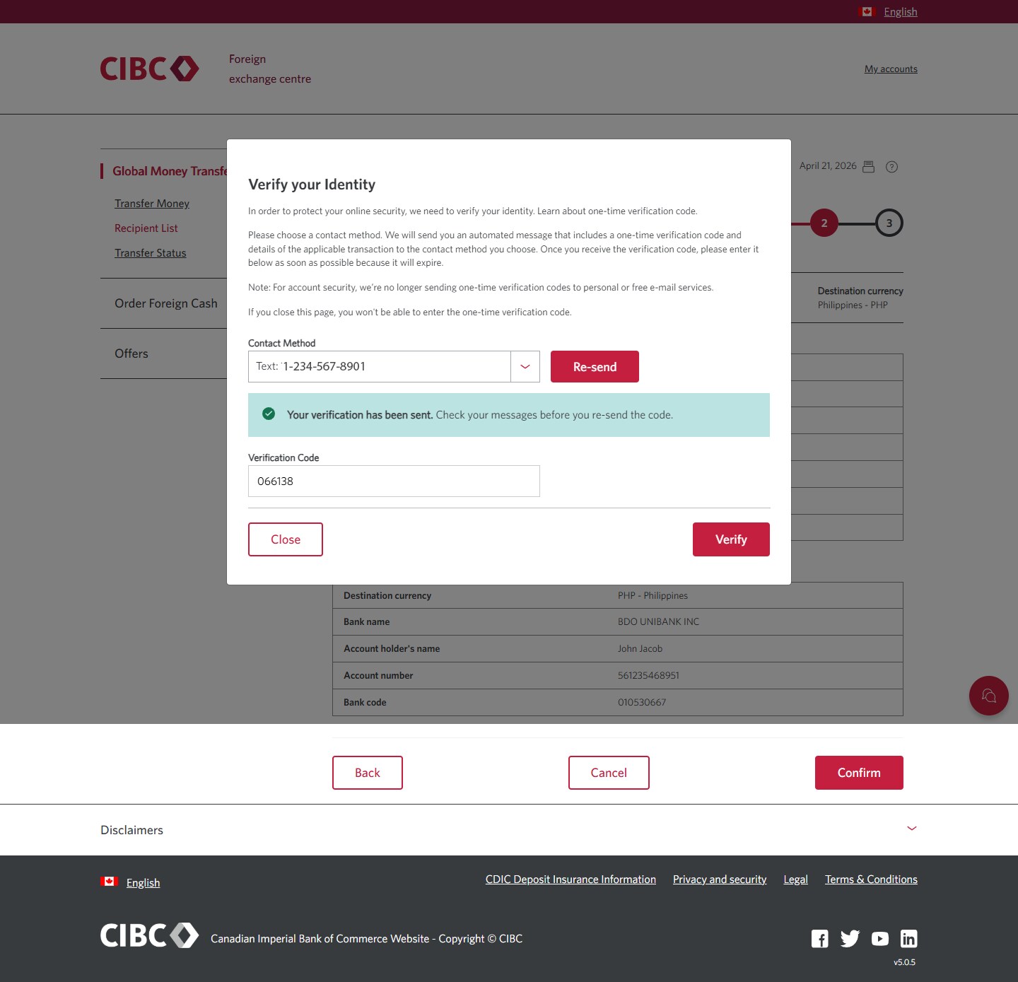 Demo screen 14: CIBC Global Money Transfer step 2. A pulsing animation highlights the "Verify" button. 