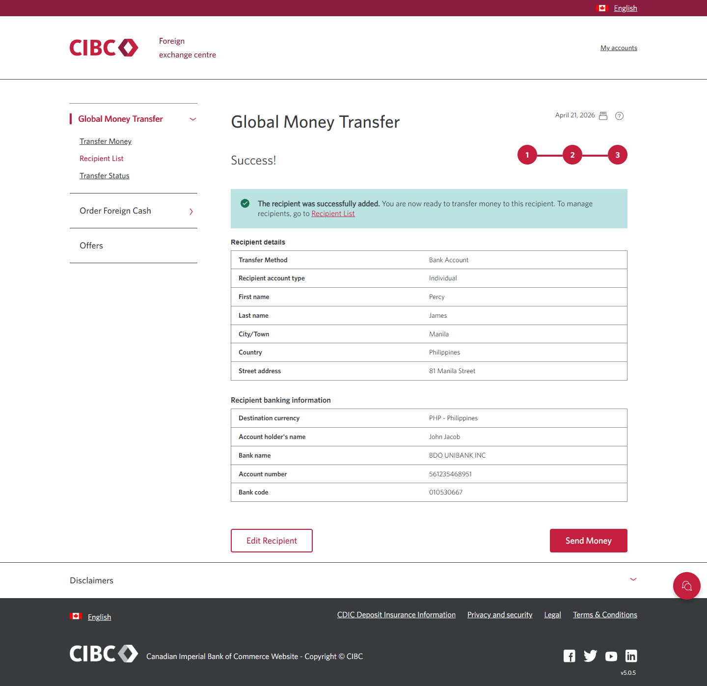 Demo screen 15: CIBC Global Money Transfer step 3. A pulsing animation highlights the "Send Money" button. 
