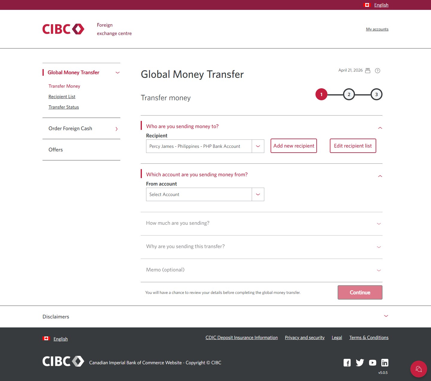 Demo screen 16: CIBC Global Money Transfer, transfer money step 1. A pulsing animation highlights the "Select Account" dropdown menu. 