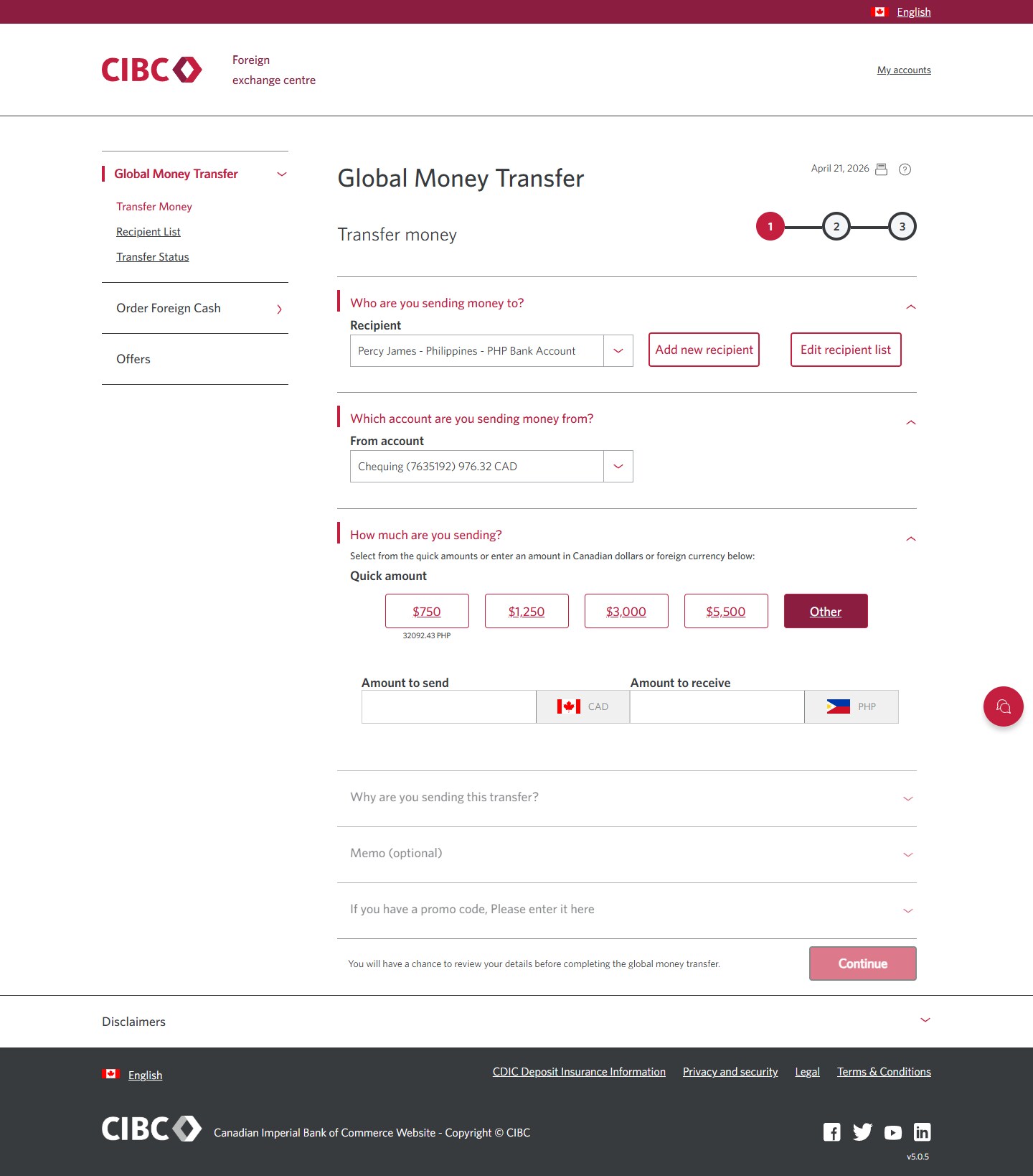 Demo screen 17: CIBC Global Money Transfer, transfer money step 1. A pulsing animation highlights the "Other" button. 