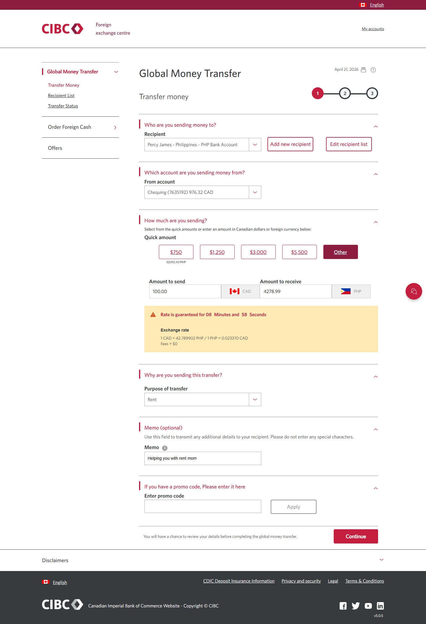 Demo screen 18: CIBC Global Money Transfer, transfer money step 1. A pulsing animation highlights the "Continue" button. 