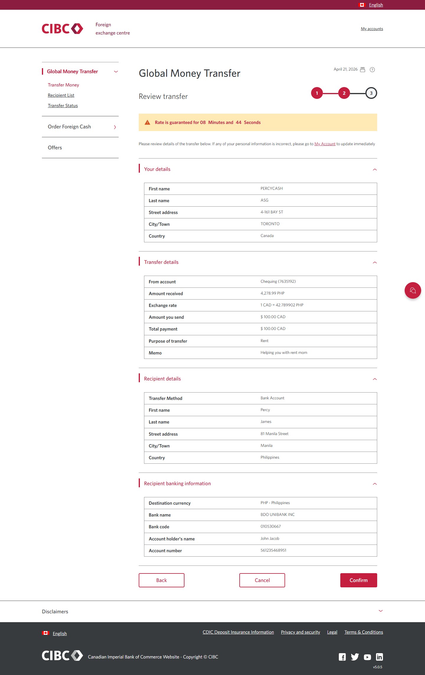 Demo screen 19: CIBC Global Money Transfer, transfer money step 2. A pulsing animation highlights the "Confirm" button. 