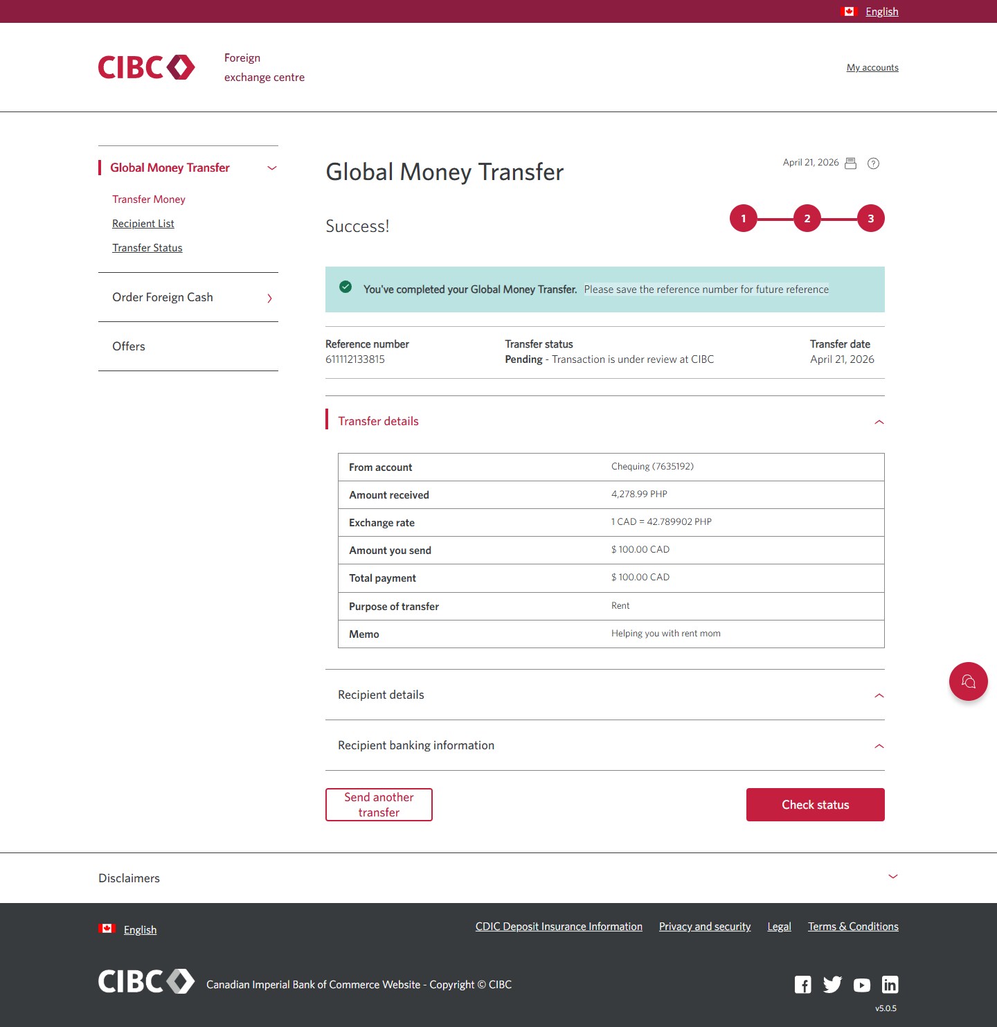 Demo screen 20: CIBC Global Money Transfer, transfer money step 3 confirmation page. No pulsing animation.