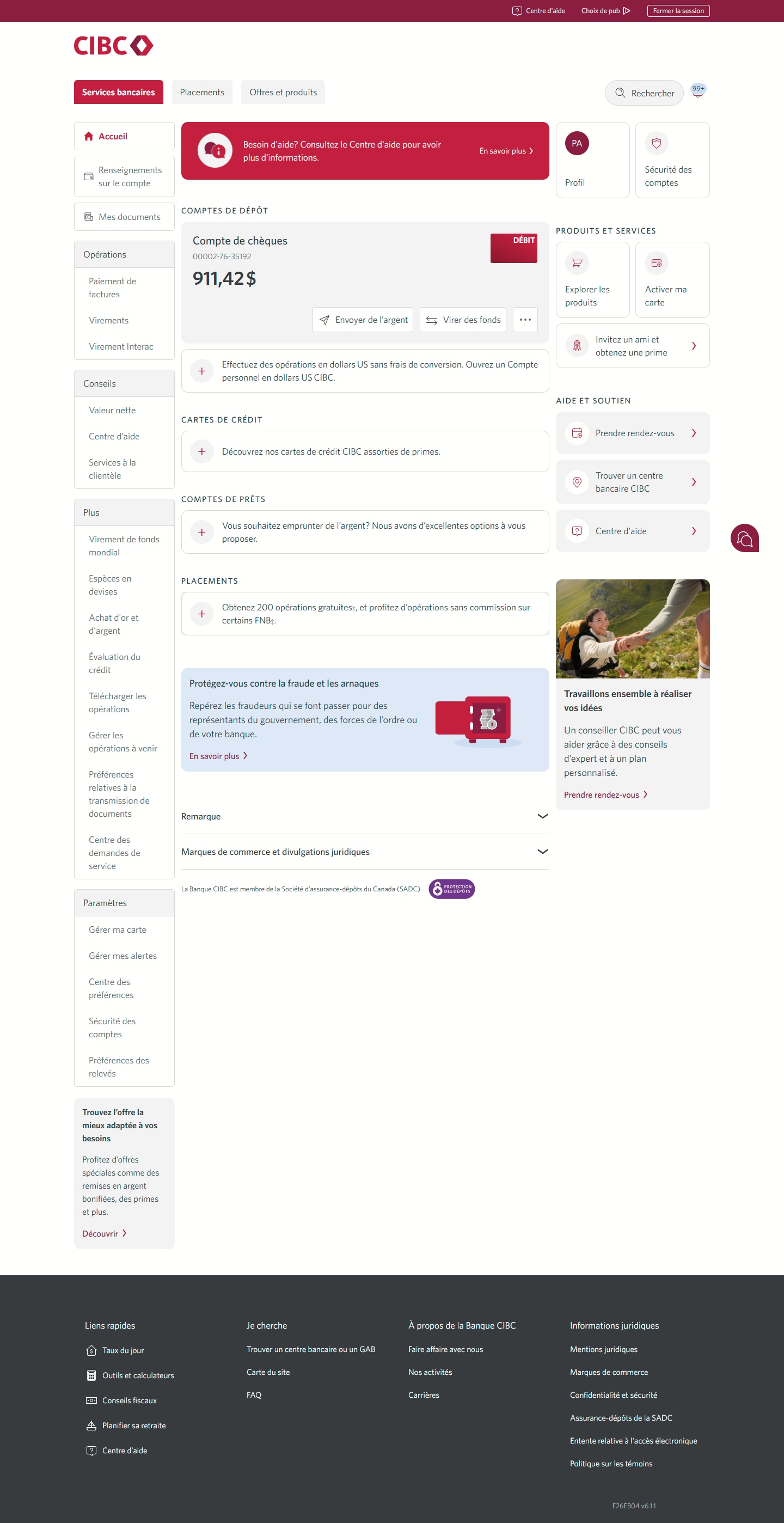 Écran 2 de la démonstration : Page d’accueil de Services bancaires CIBC en direct. Une animation dynamique met en évidence le lien Virement de fonds mondial.