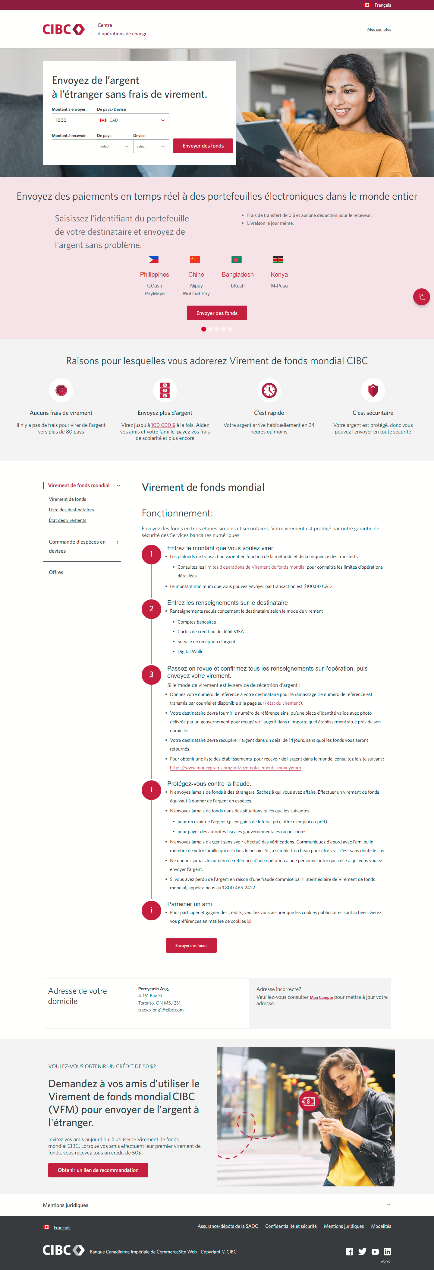 Écran 3 de la démonstration : Centre d’opérations de change CIBC. Une animation dynamique met en évidence le bouton Envoyer de l’argent.