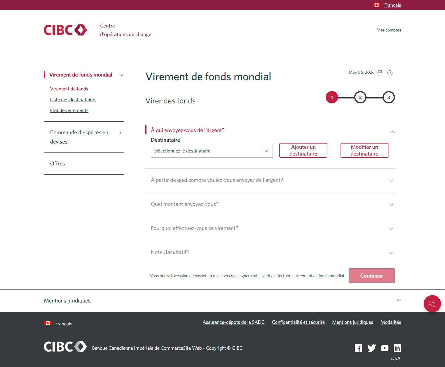Écran 4 de la démonstration : Virement de fonds mondial CIBC. Une animation dynamique met en évidence le bouton Ajouter un nouveau destinataire.