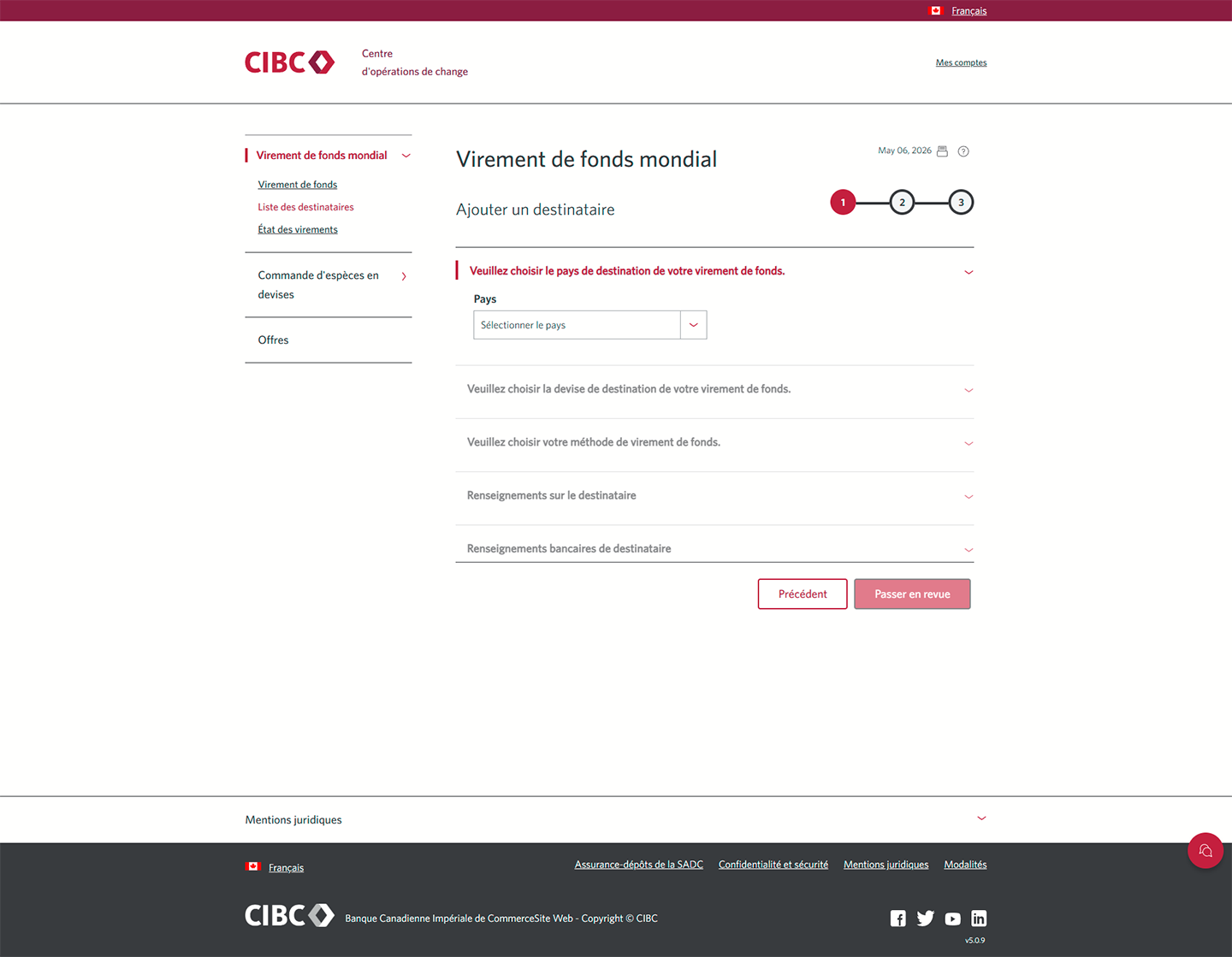 Écran 5 de la démonstration : Virement de fonds mondial CIBC, étape 1. Une animation dynamique met en évidence la zone de liste déroulante Pays.