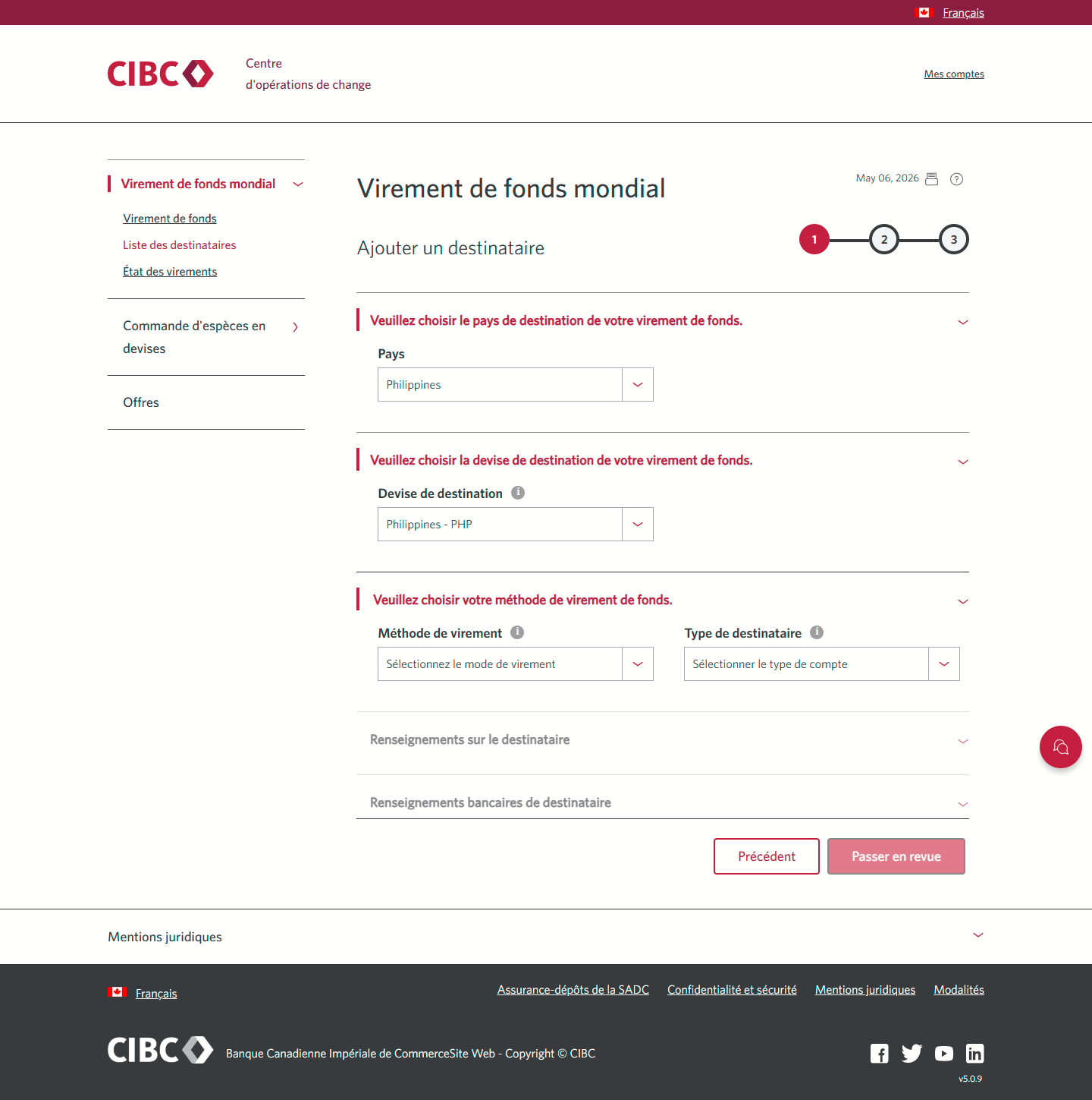 Écran 6 de la démonstration : Virement de fonds mondial CIBC, étape 1. Une animation dynamique met en évidence la zone de liste déroulante Devise de destination.