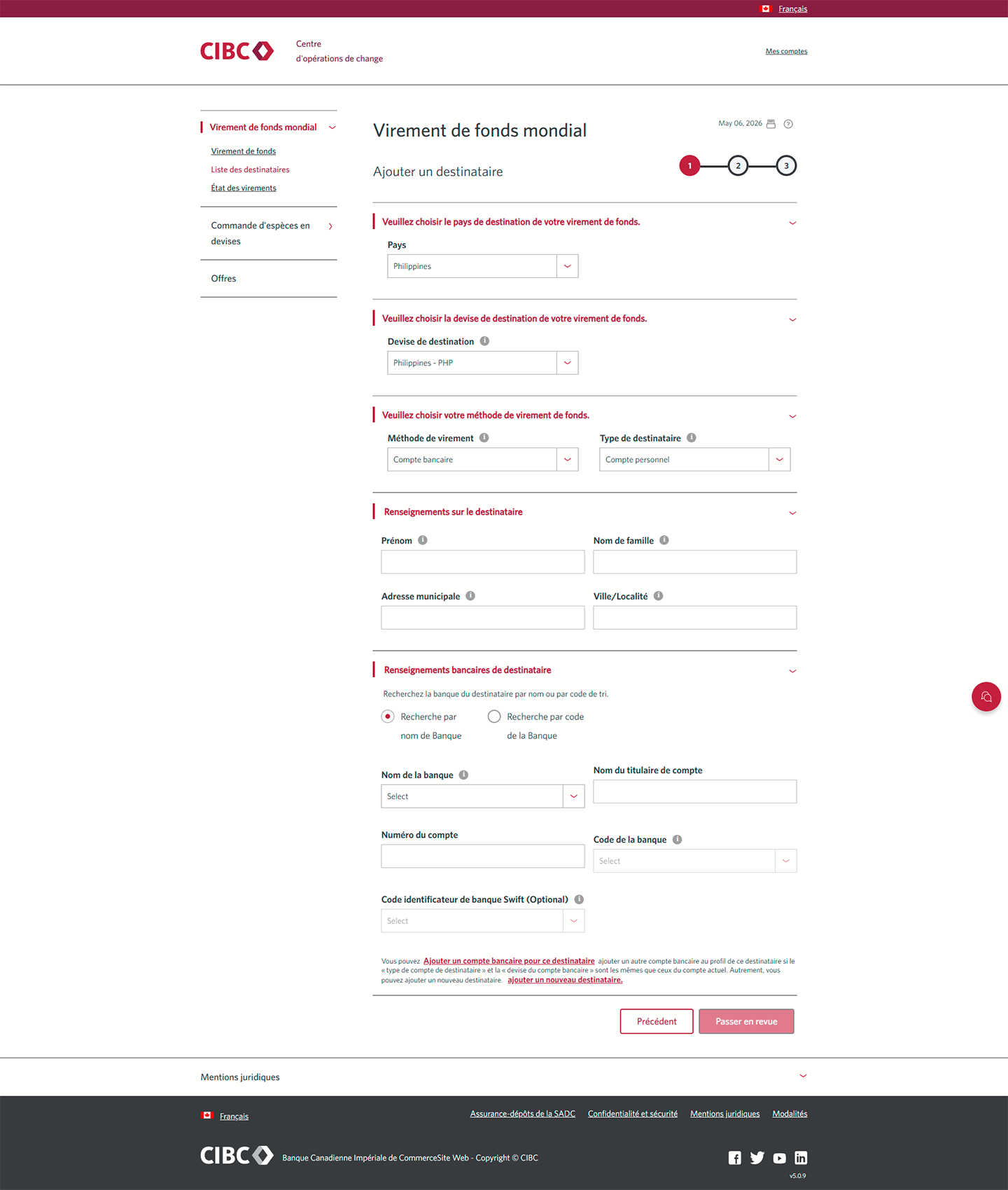 Écran 7 de la démonstration : Virement de fonds mondial CIBC, étape 1. Une animation dynamique met en évidence la zone de liste déroulante Méthode de virement.