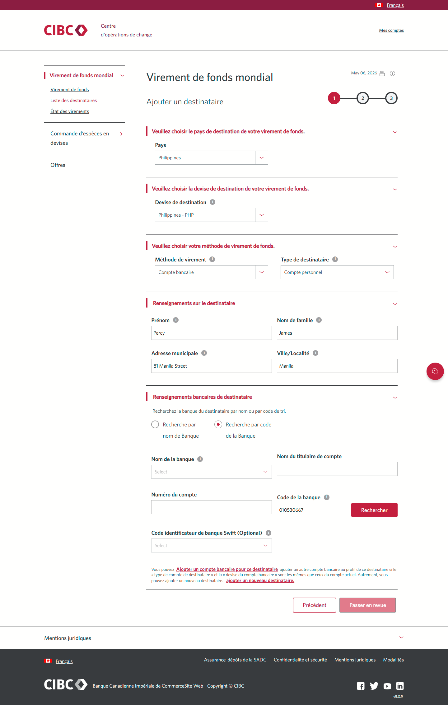 Écran 9 de la démonstration : Virement de fonds mondial CIBC, étape 1. Une animation dynamique met en évidence le bouton d’option Rechercher par code de banque.