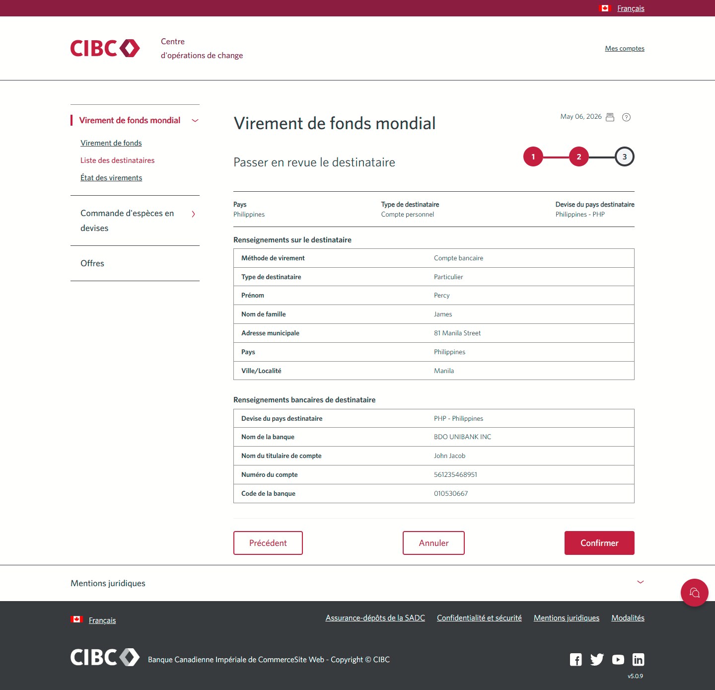 Écran 12 de la démonstration : Virement de fonds mondial CIBC, étape 2. Une animation dynamique met en évidence le bouton Confirmer.