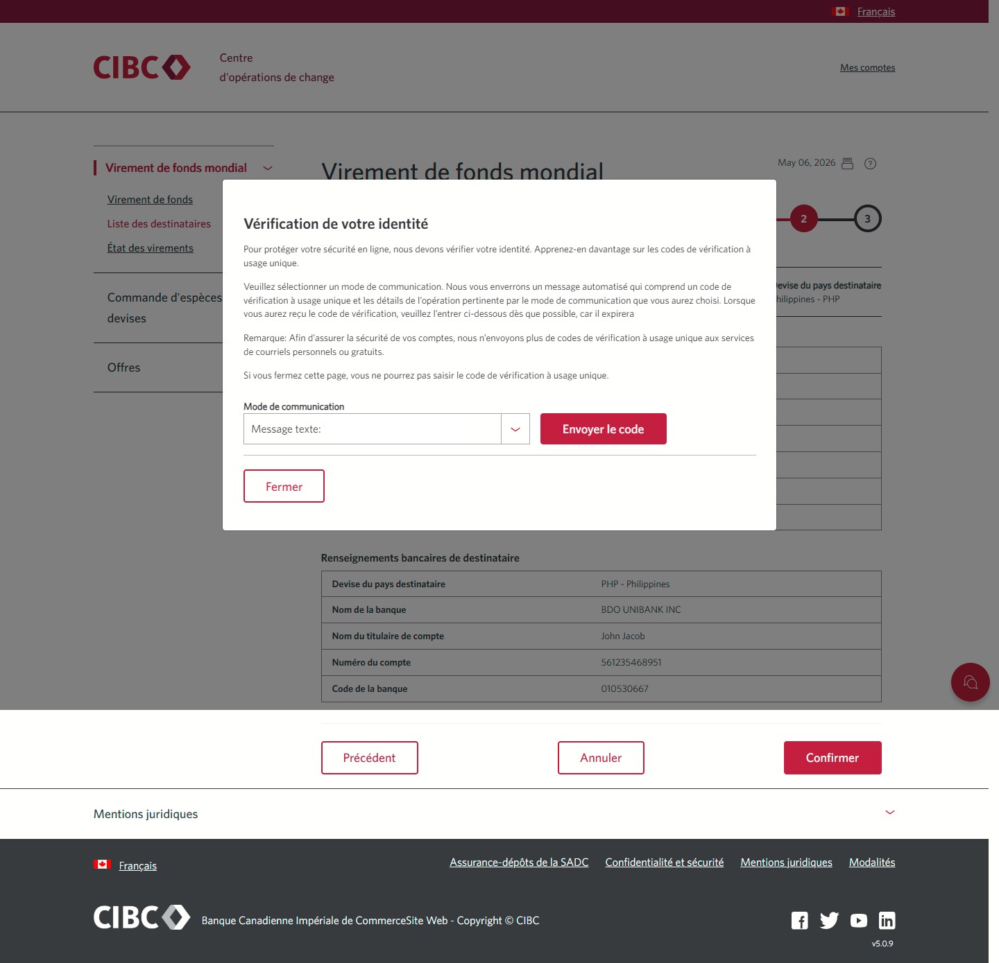 Écran 13 de la démonstration : Virement de fonds mondial CIBC, étape 2. Une animation dynamique met en évidence le bouton Envoyer le code.