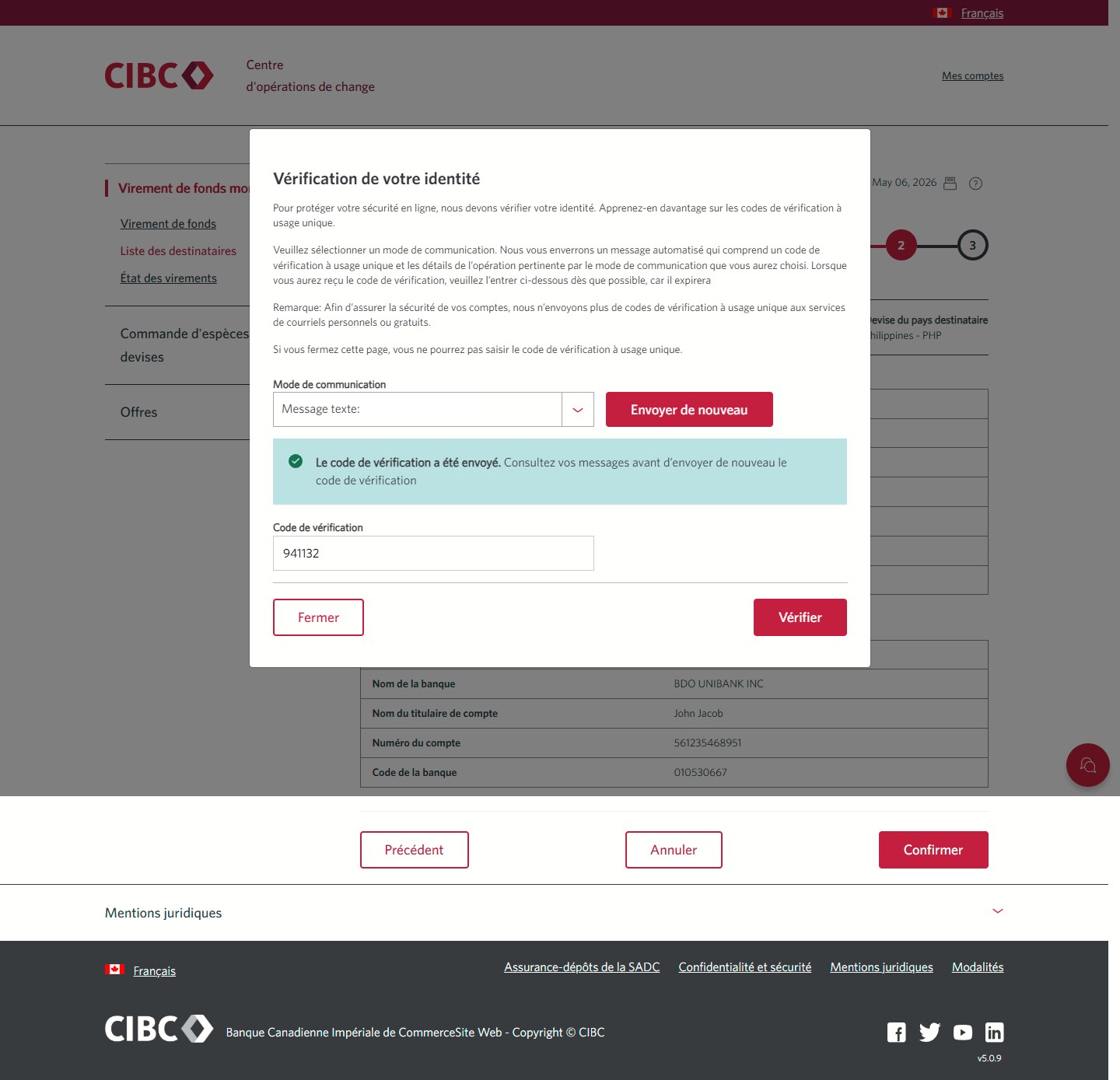Écran 14 de la démonstration : Virement de fonds mondial CIBC, étape 2. Une animation dynamique met en évidence le bouton Vérifier.