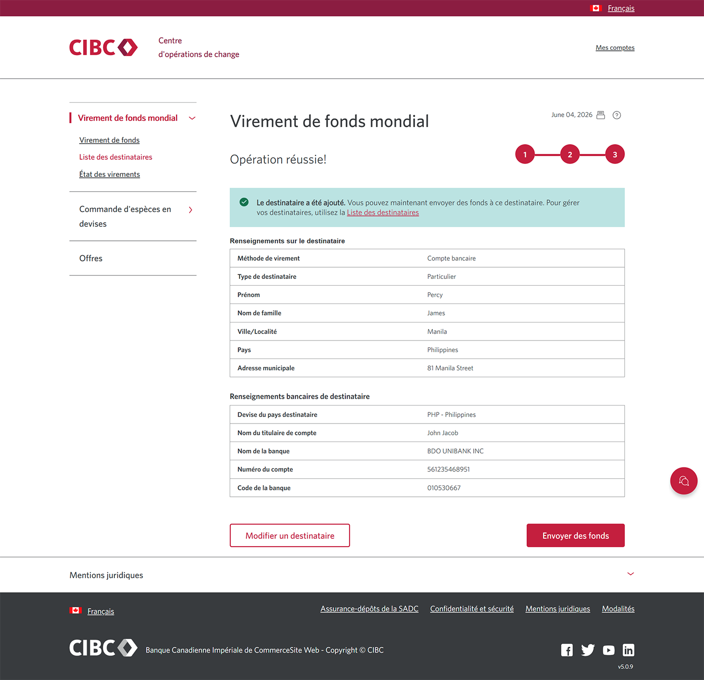 Écran 15 de la démonstration : Virement de fonds mondial CIBC, étape 3. Une animation dynamique met en évidence le bouton Envoyer de l’argent.