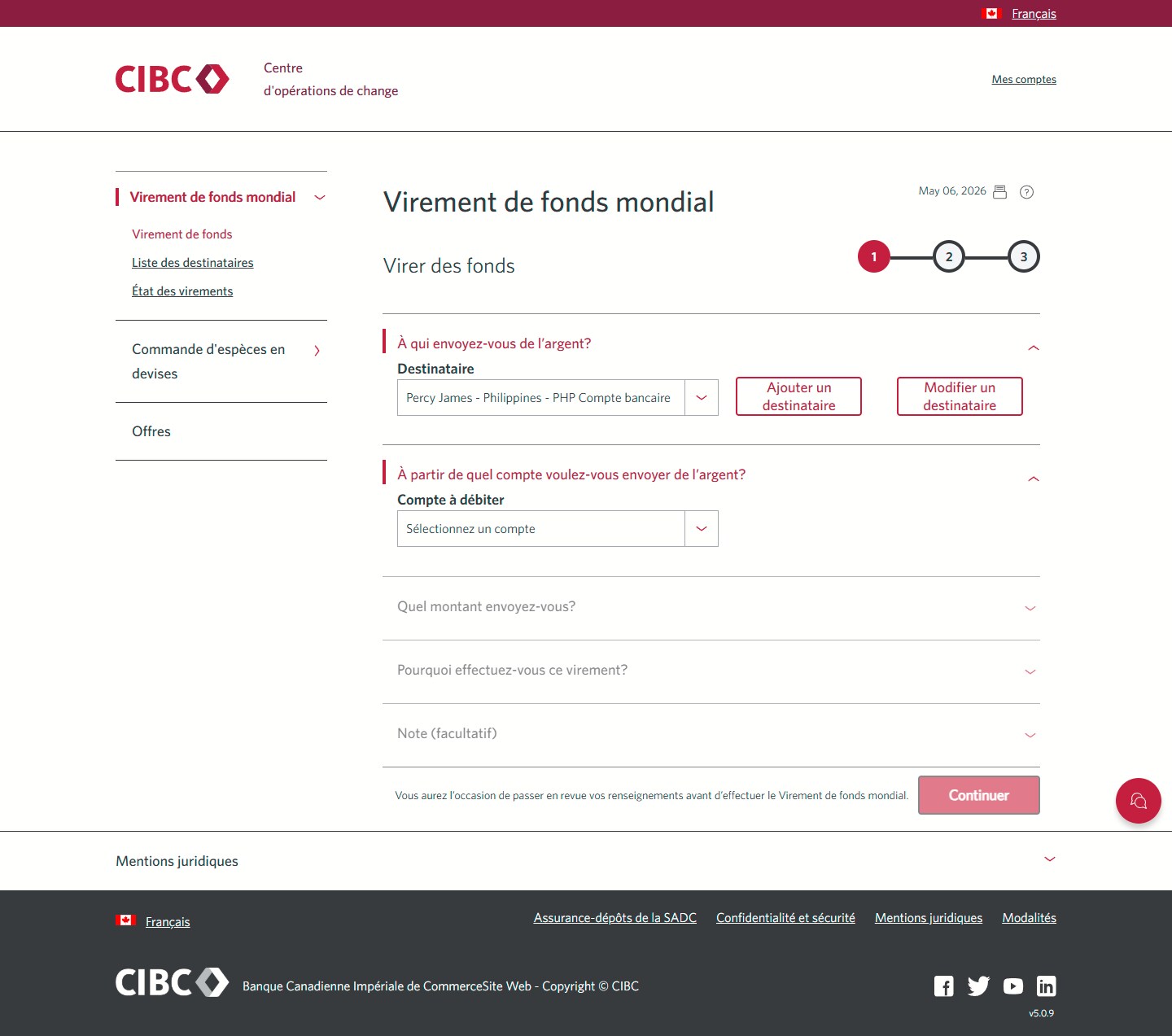 Écran 16 de la démonstration : Virement de fonds mondial CIBC, virer des fonds, étape 1. Une animation dynamique met en évidence le menu déroulant Sélectionner un compte.