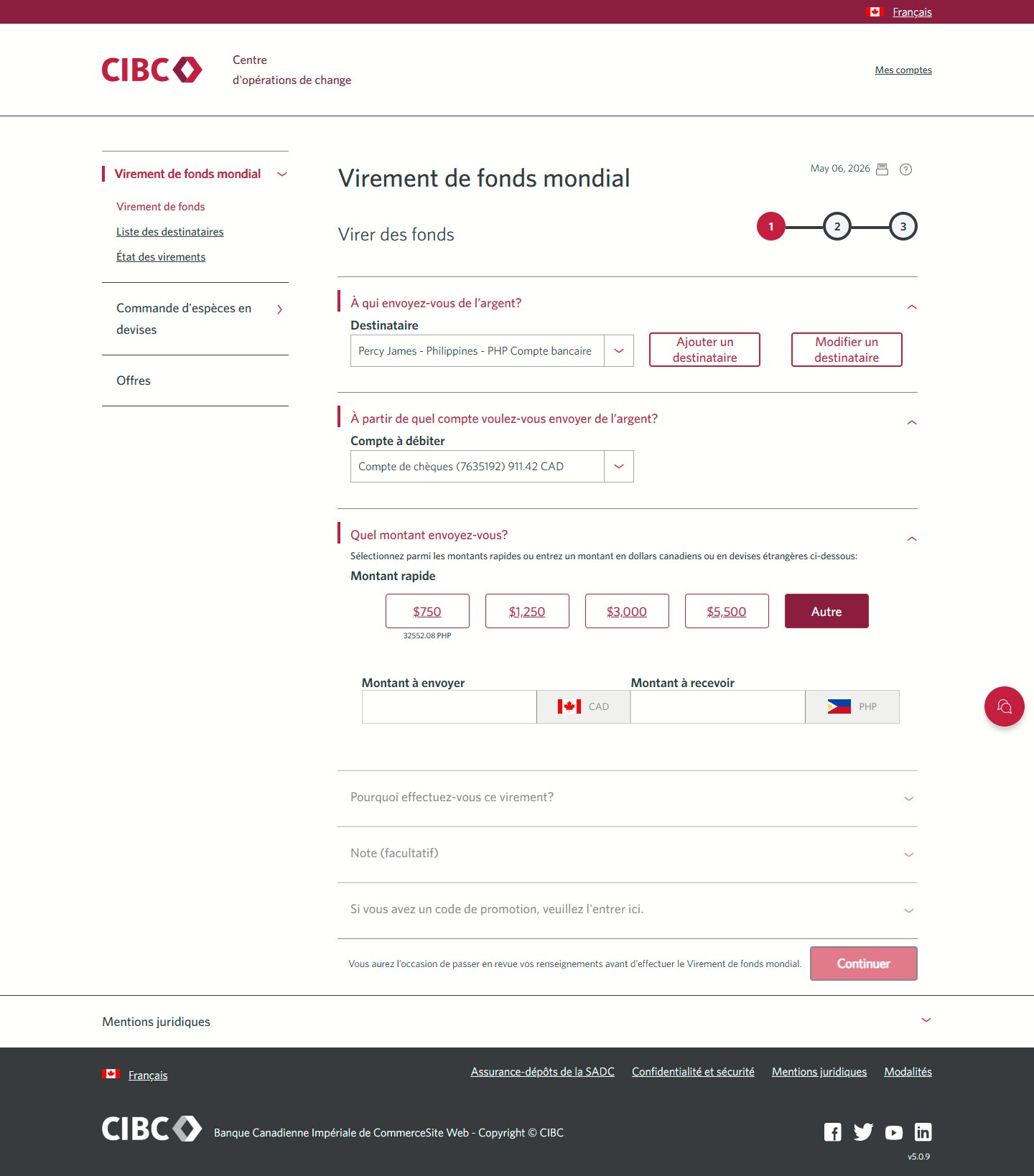 Écran 17 de la démonstration : Virement de fonds mondial CIBC, virer des fonds, étape 1. Une animation dynamique met en évidence le bouton Autre.