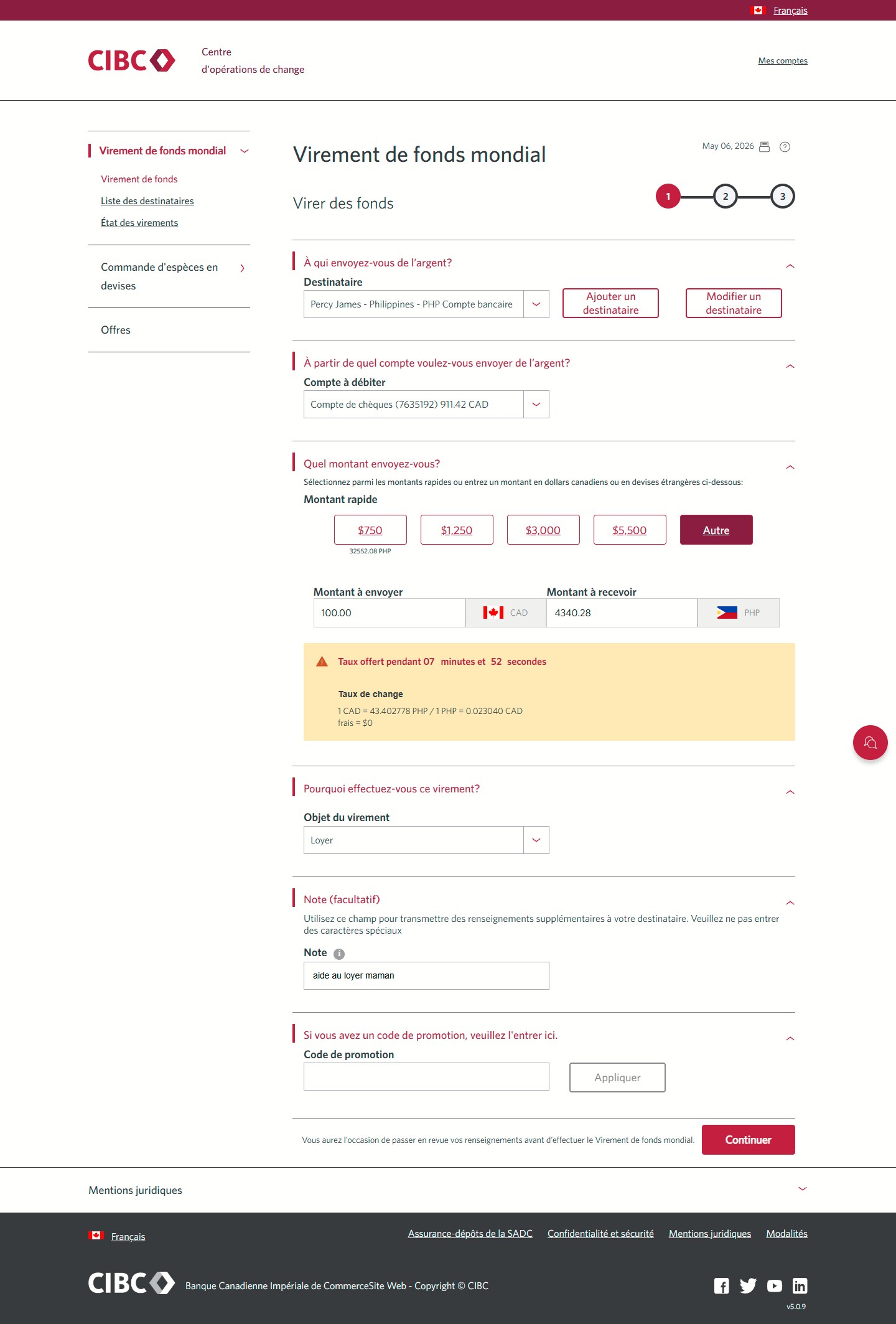 Écran 18 de la démonstration : Virement de fonds mondial CIBC, virer des fonds, étape 1. Une animation dynamique met en évidence le bouton Continuer.