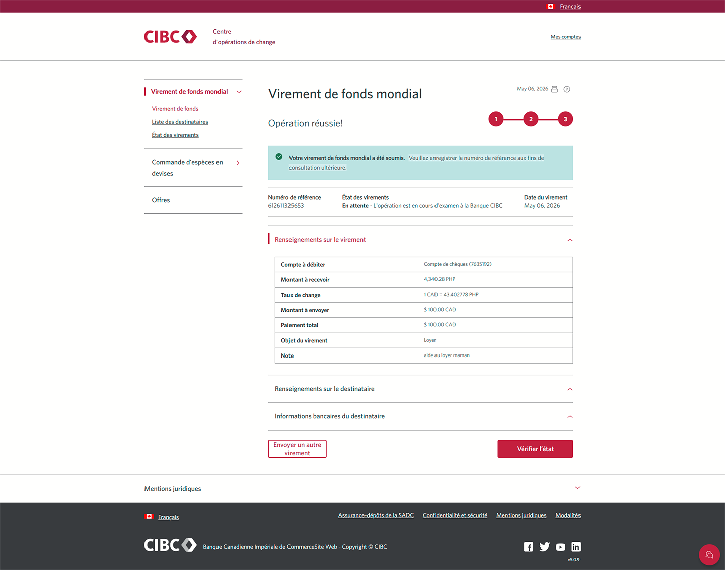 Écran 20 de la démonstration : Virement de fonds mondial CIBC, virer des fonds, étape 3, page de confirmation. Aucune animation dynamique.