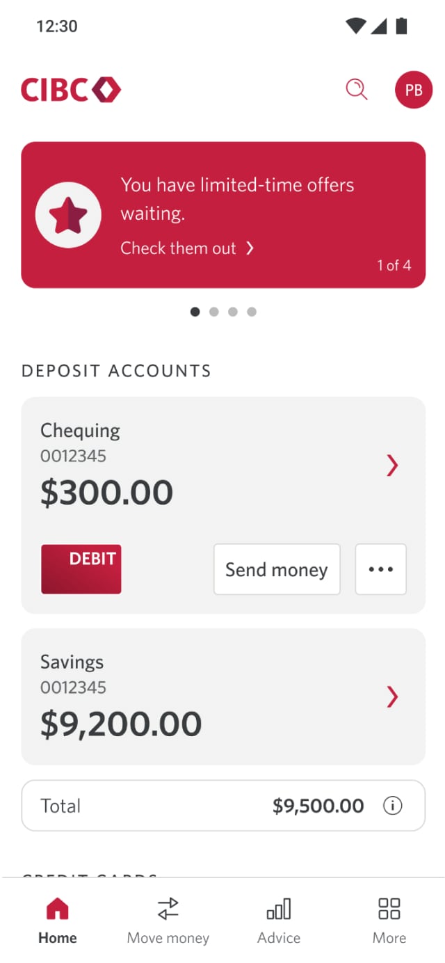 Demo screen 2: CIBC Mobile Banking App homepage. A pulsing animation highlights the "Move money" Link.
