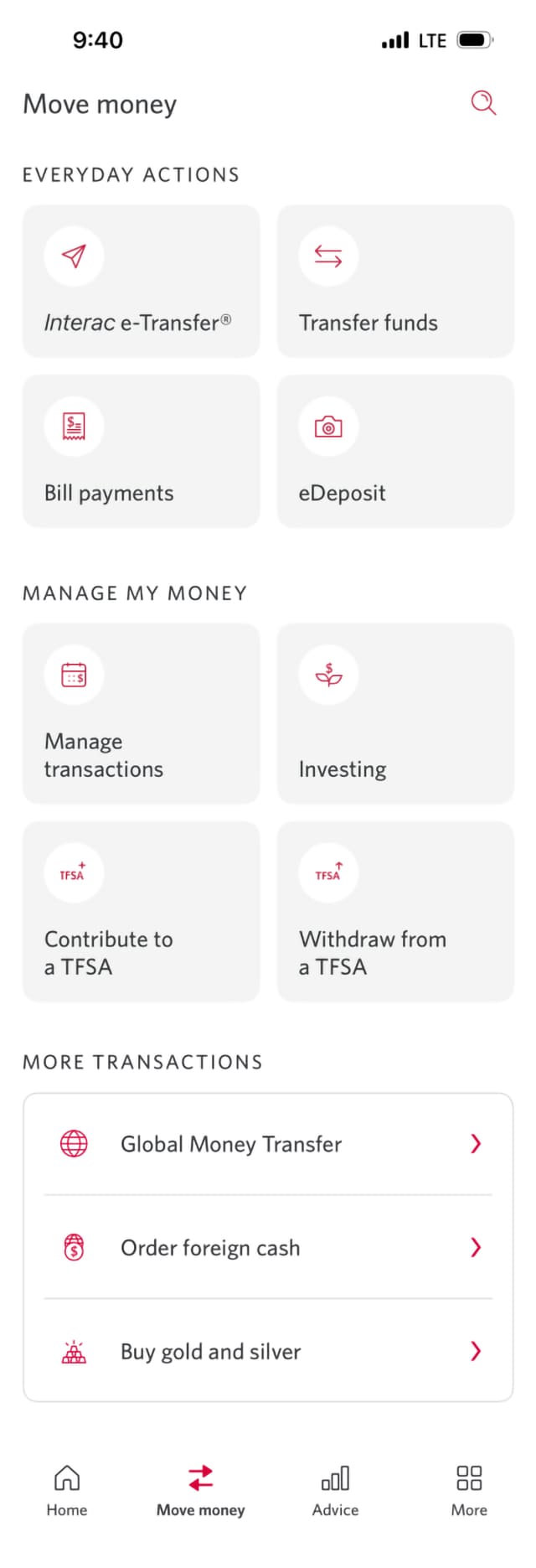 Demo screen 3: CIBC Mobile Banking App . A pulsing animation highlights the "Global Money Transfer" Link.