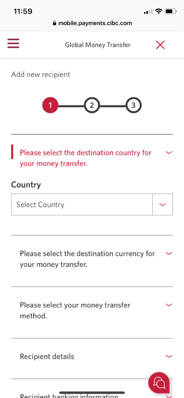 Demo screen 6: CIBC Mobile Banking App. A pulsing animation highlights the "Select Country" dropdown menu.