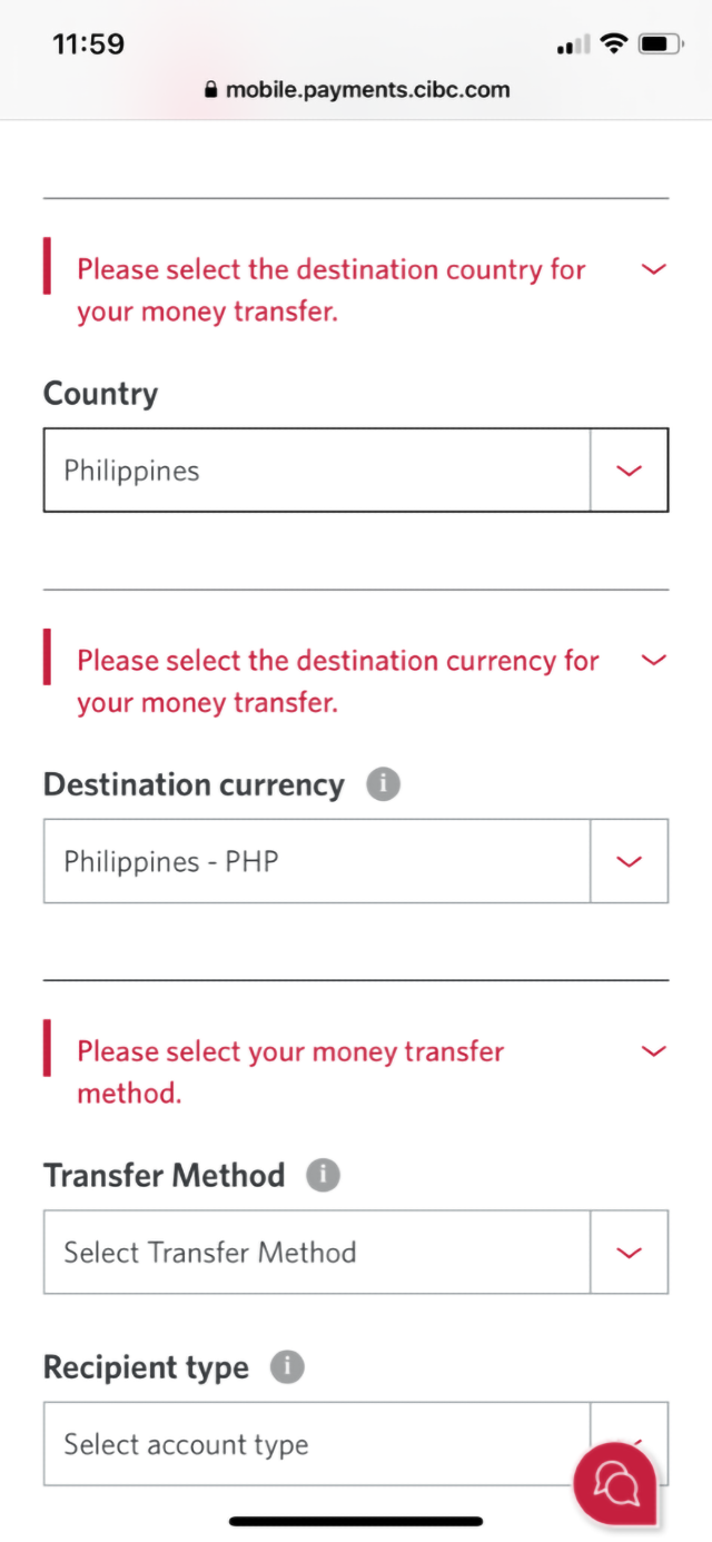Demo screen 7: CIBC Mobile Banking App. A pulsing animation highlights the "Destination currency" dropdown menu.
