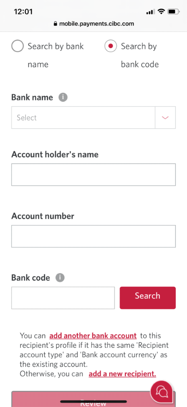 Demo screen 11: CIBC Mobile Banking App. A pulsing animation highlights the "Search" button.