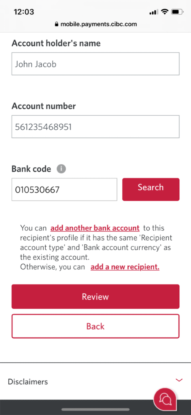 Demo screen 13: CIBC Mobile Banking App. A pulsing animation highlights the "Review" button