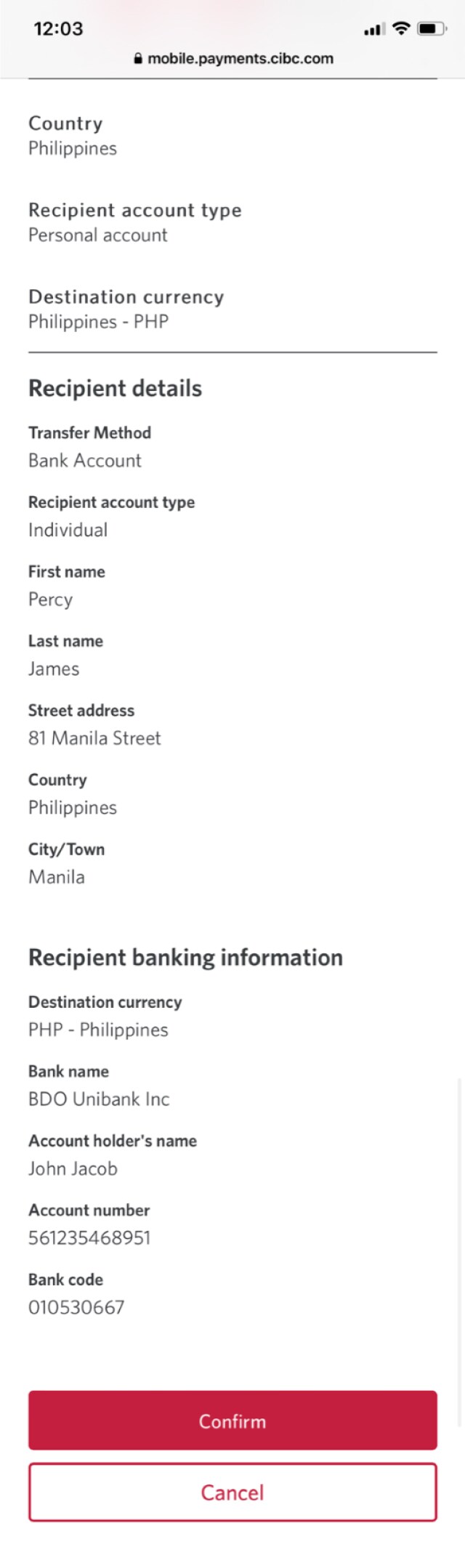 Demo screen 14: CIBC Mobile Banking App. A pulsing animation highlights the "Confirm" button